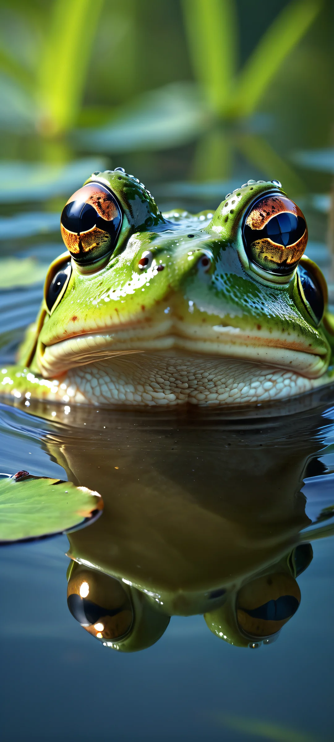 iPhone and Android users will love this stunning artwork of a majestic frog emerging from the dark, calm water. A serene underwater world awaits beneath.