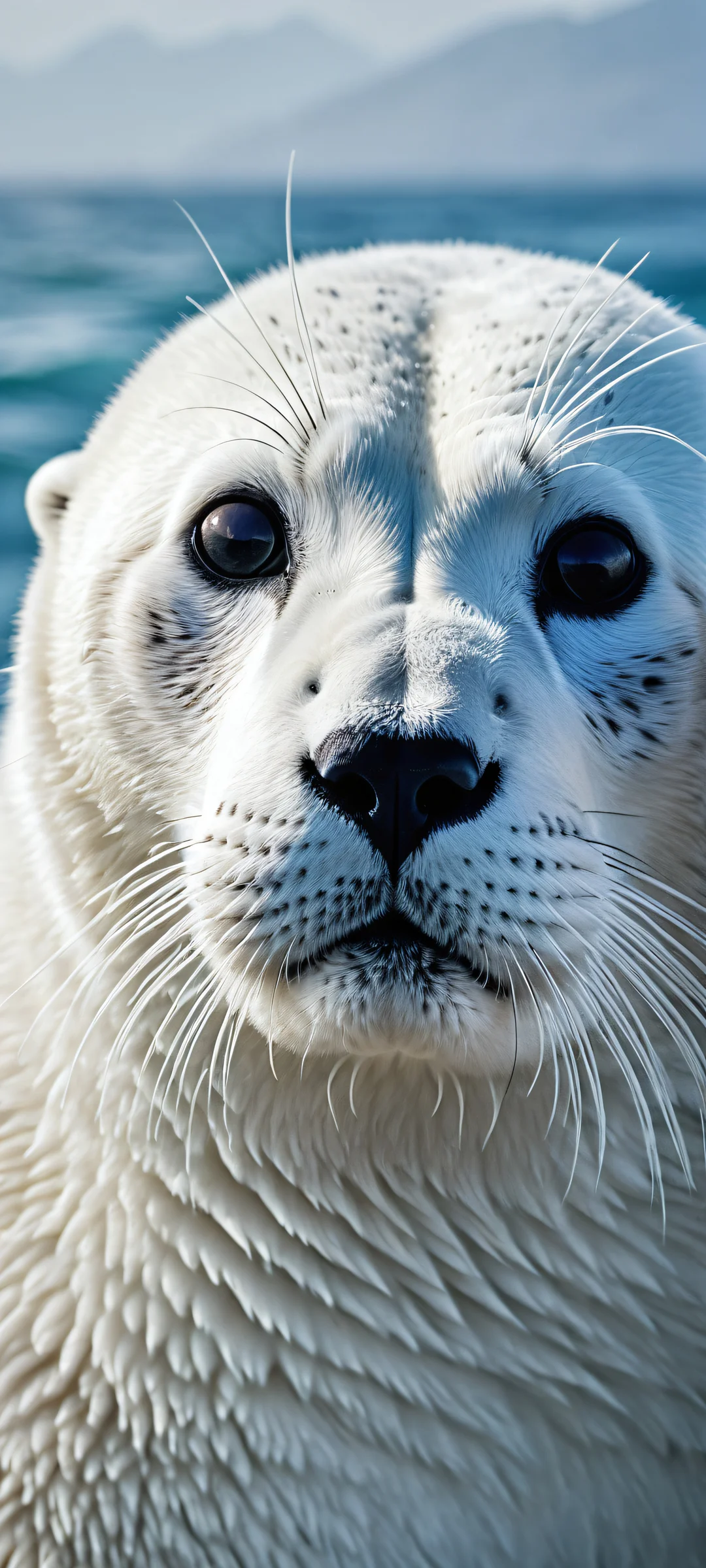Majestic Harp-Seal Portrait iPhone & Fondo de pantalla de Android A majestic male harp-seal gazing out from a serene ocean background on an iPhone or Android device.
