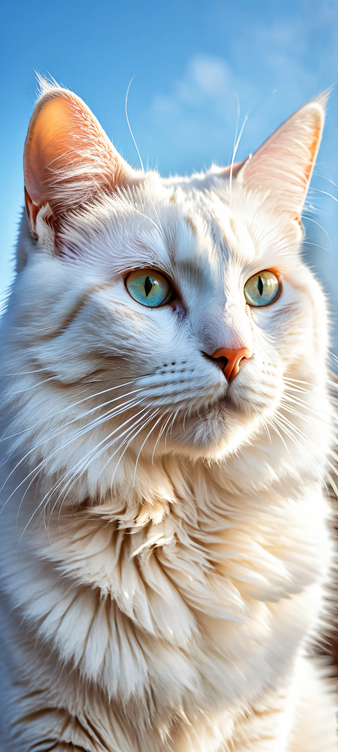 A majestic Kirichi cat with insane micro-details on its fur and whiskers, perfectly centered on a clean blue background, ideal for iPhone/Android home screens.