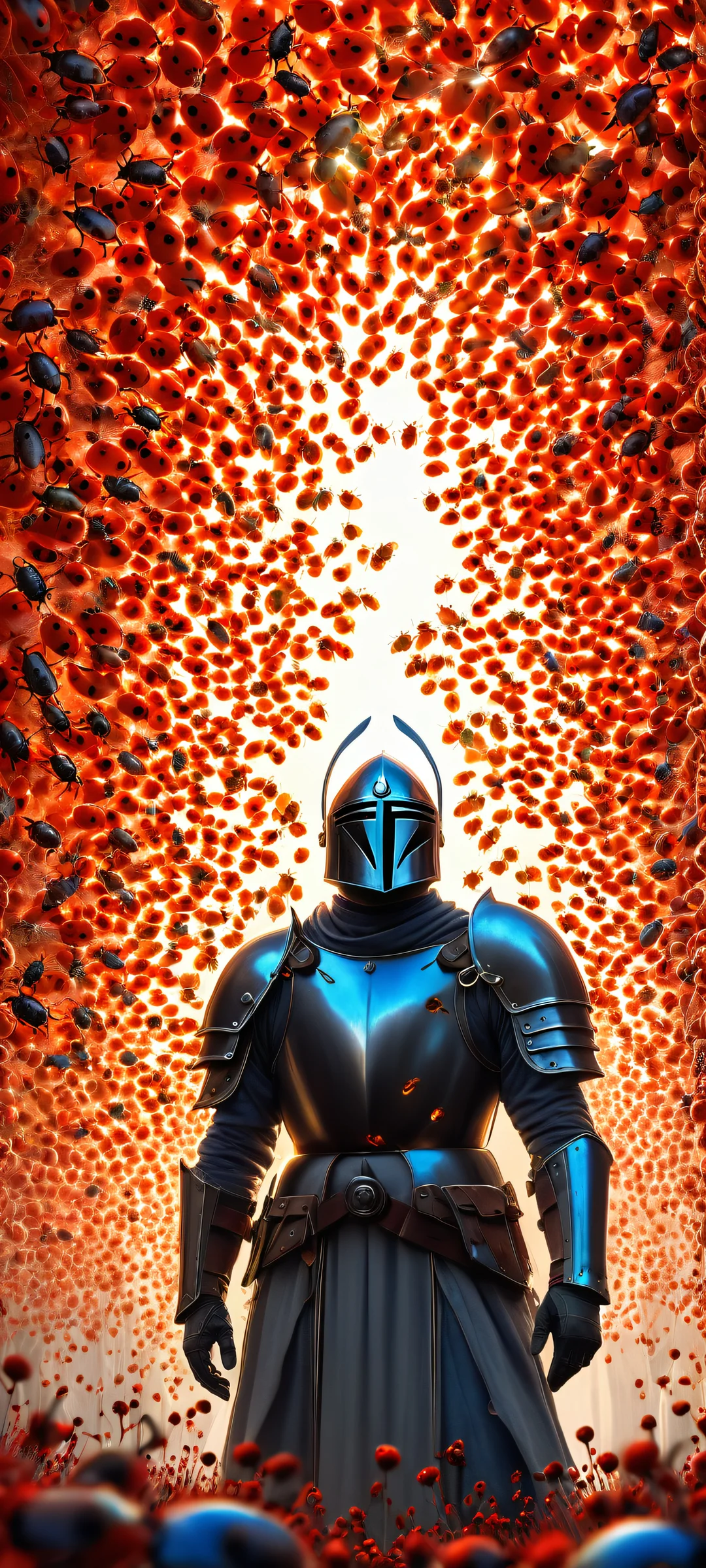 A majestic knight on a vast void background surrounded by ladybugs and mice. Perfect for iPhone/Android home screens.