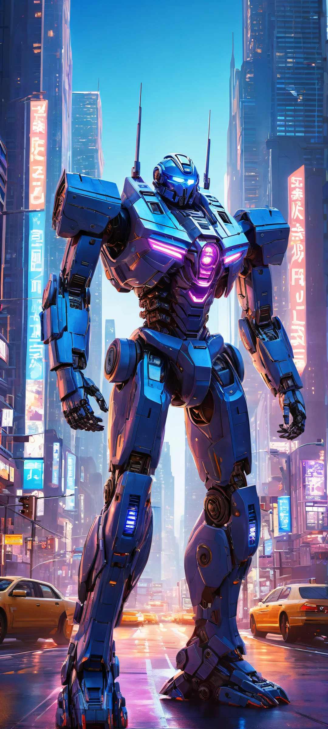 iPhone/Android wallpaper featuring a majestic mech standing tall amidst a futuristic cityscape with glowing neon lights and towering skyscrapers.