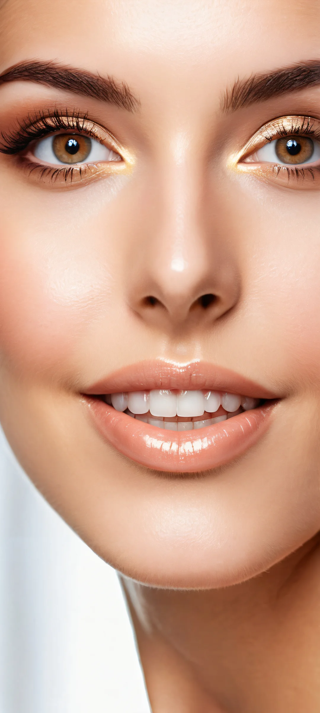 A captivating woman's face with incredible brown eyes and eyelashes, perfectly optimized for iPhone/Android home screens.