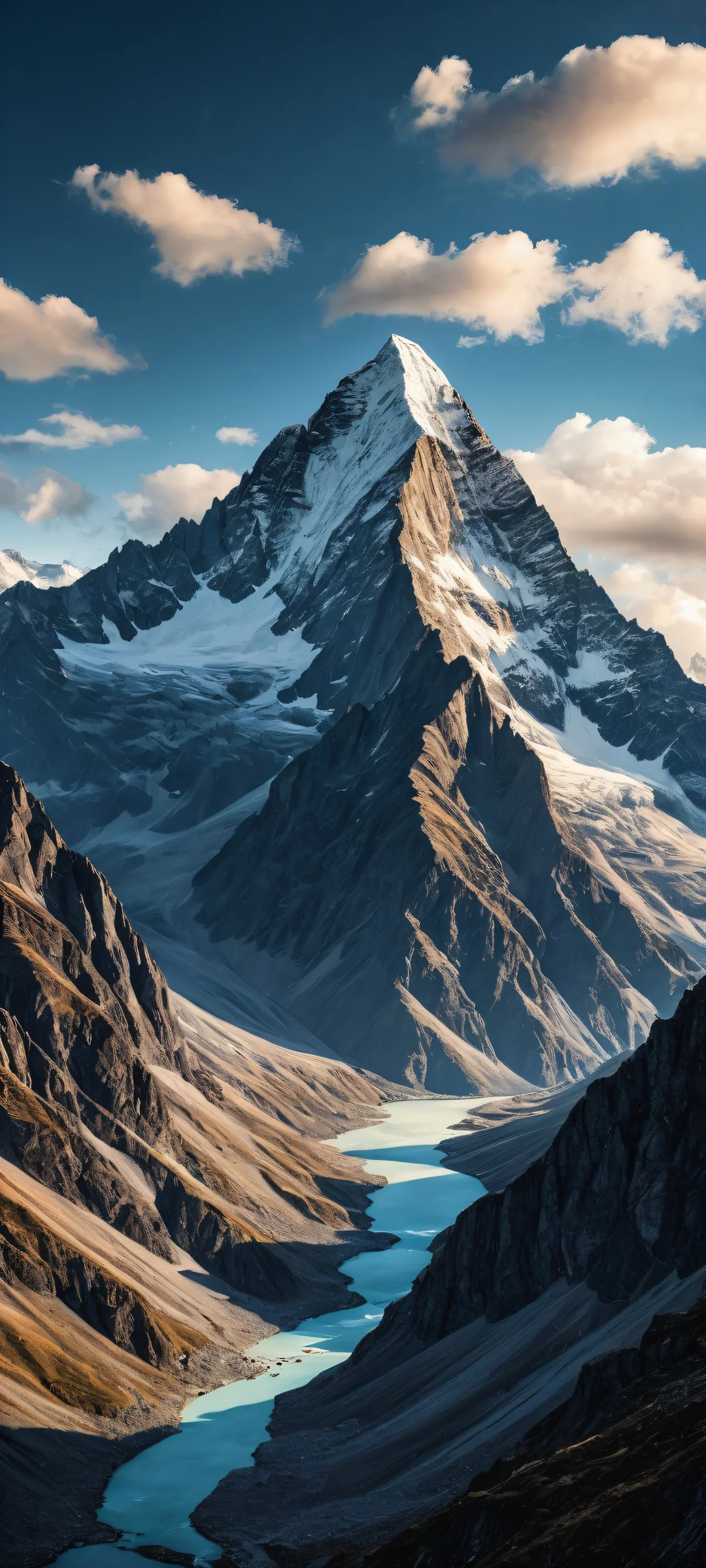 A breathtaking vertical portrait artwork of a majestic mountain chain on an empty background for iPhone and Android home screens.