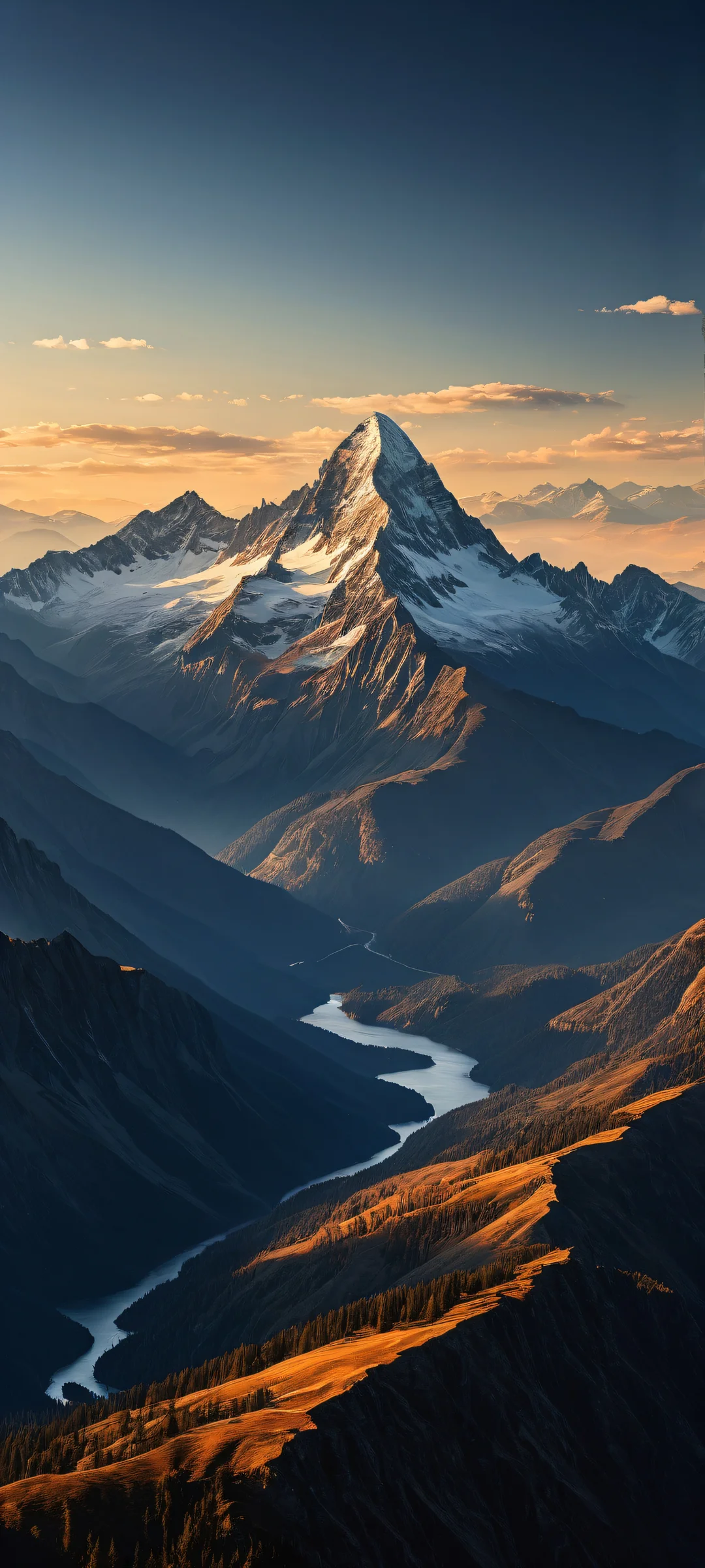 Majestic Mountain Encounter 2K QHD Home Screen A majestic mountain range on iPhone/Android with intricate details and a cityscape in the distance.