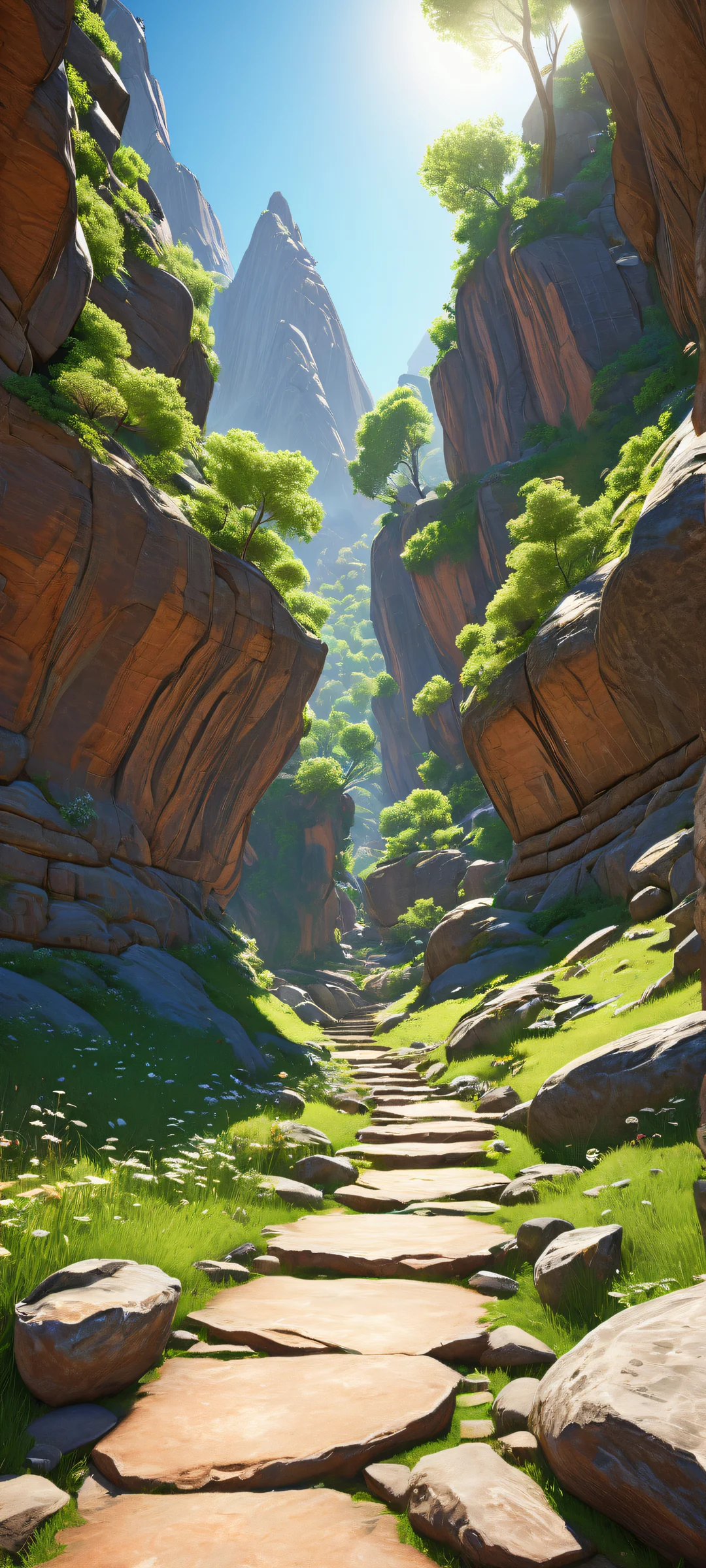 A serene landscape of a majestic mountain path and distant rocks on an iPhone/Android device's home screen, showcasing intricate rock formations, lush greenery, and ethereal lighting.