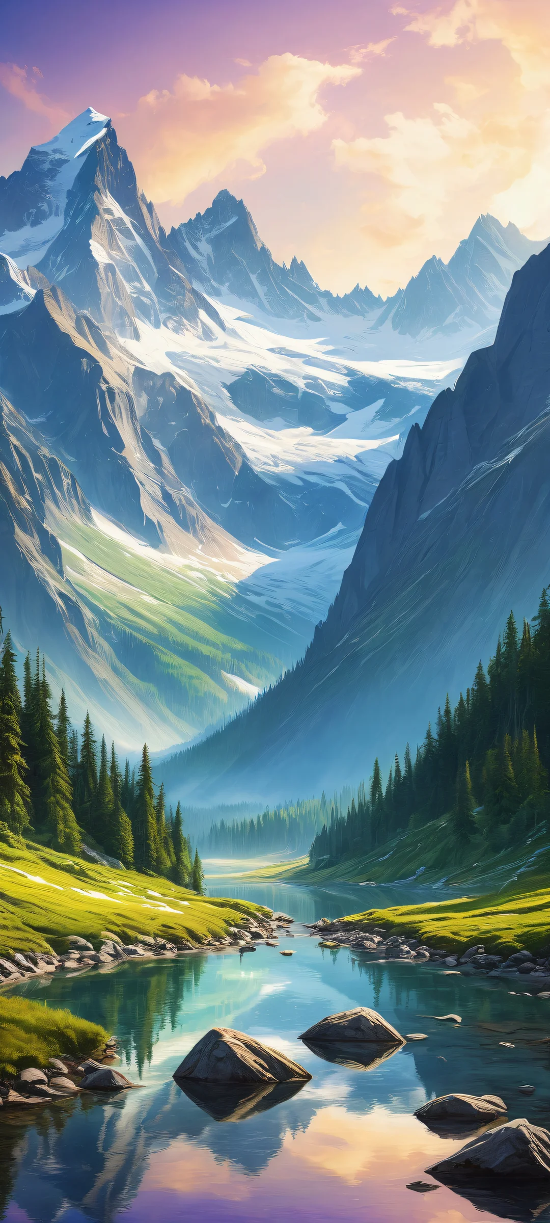 Ethereal landscape artwork of a majestic mountain range on iPhone/Android devices. Perfectly optimized for home screens.
