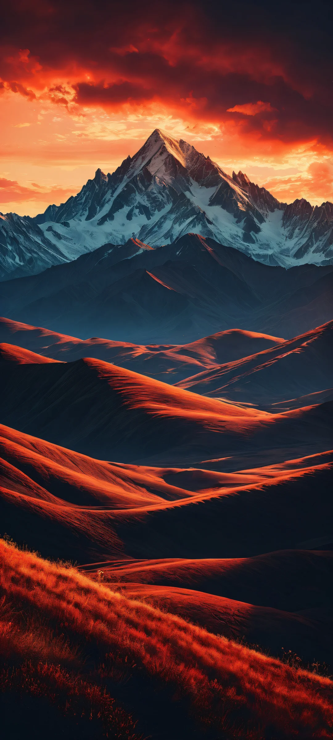 A majestic mountain range on iPhone/Android, with a stunning sunset and perfect blacks, ideal for home screen integration.