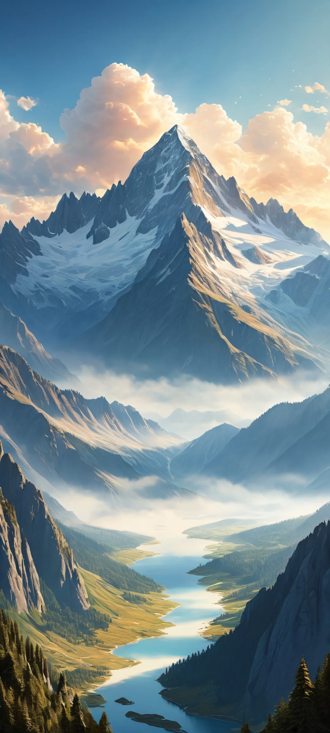 iPhone and Android users will love this breathtaking vertical portrait artwork featuring a majestic mountain range with intricate micro-details of clouds and sunlight.