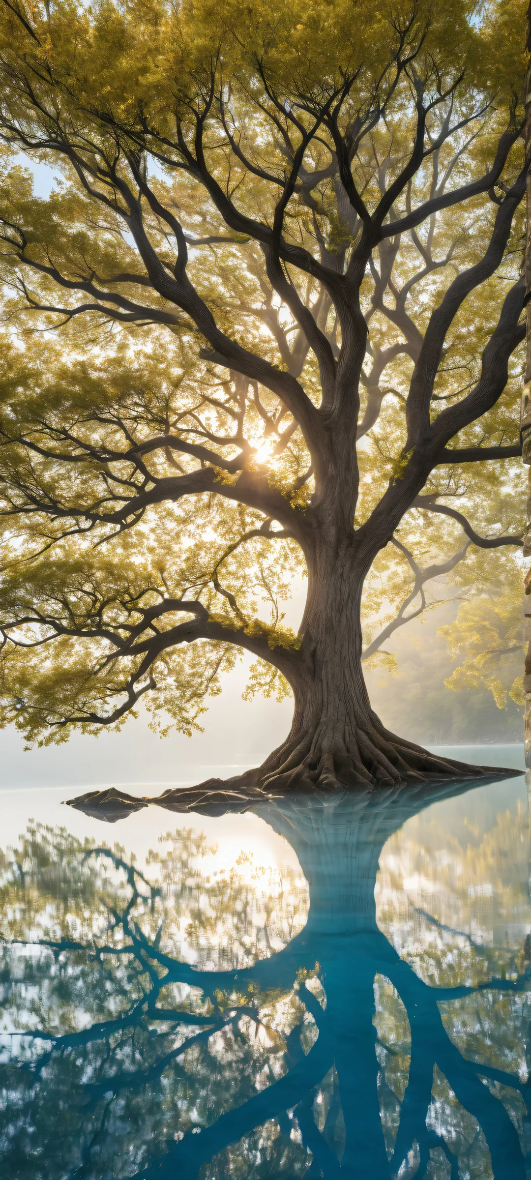 Ethereal portrait of a majestic tree placed in the lower-middle with intricate details, perfect for iPhone/Android wallpapers.