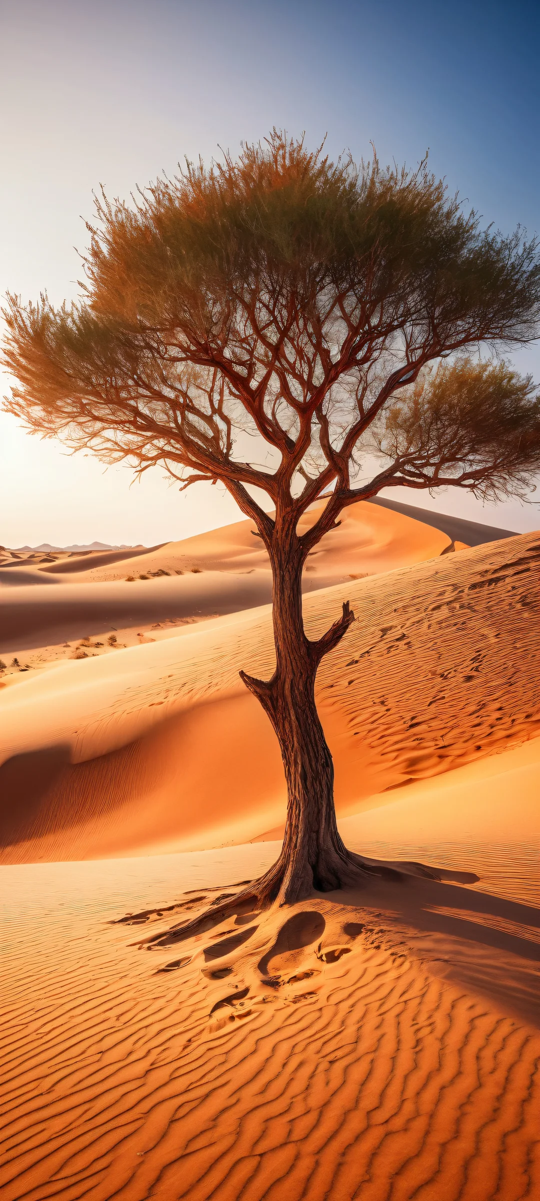 A majestic tree stands tall in a serene desert landscape with vibrant foliage and intricate bark details. Perfect for iPhone/Android home screens.