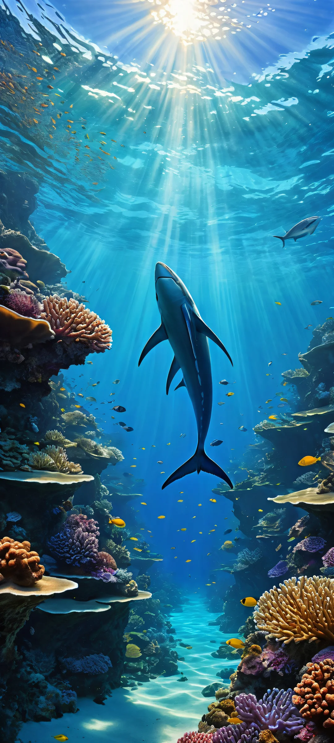 An iPhone/Android compatible wallpaper featuring a majestic blue sea creature surrounded by coral reefs and schools of fish, perfectly optimized for your device's home screen.