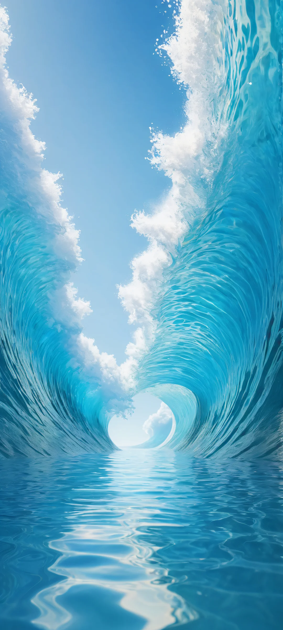 Majestic Ocean Depths iPhone & Fondo de pantalla de AndroidPerfectamente optimizado para pantallas de inicio. iPhone and Android device featuring a breathtaking aquatic scene with rippling waves and sea creatures, perfectly optimized for home screens.