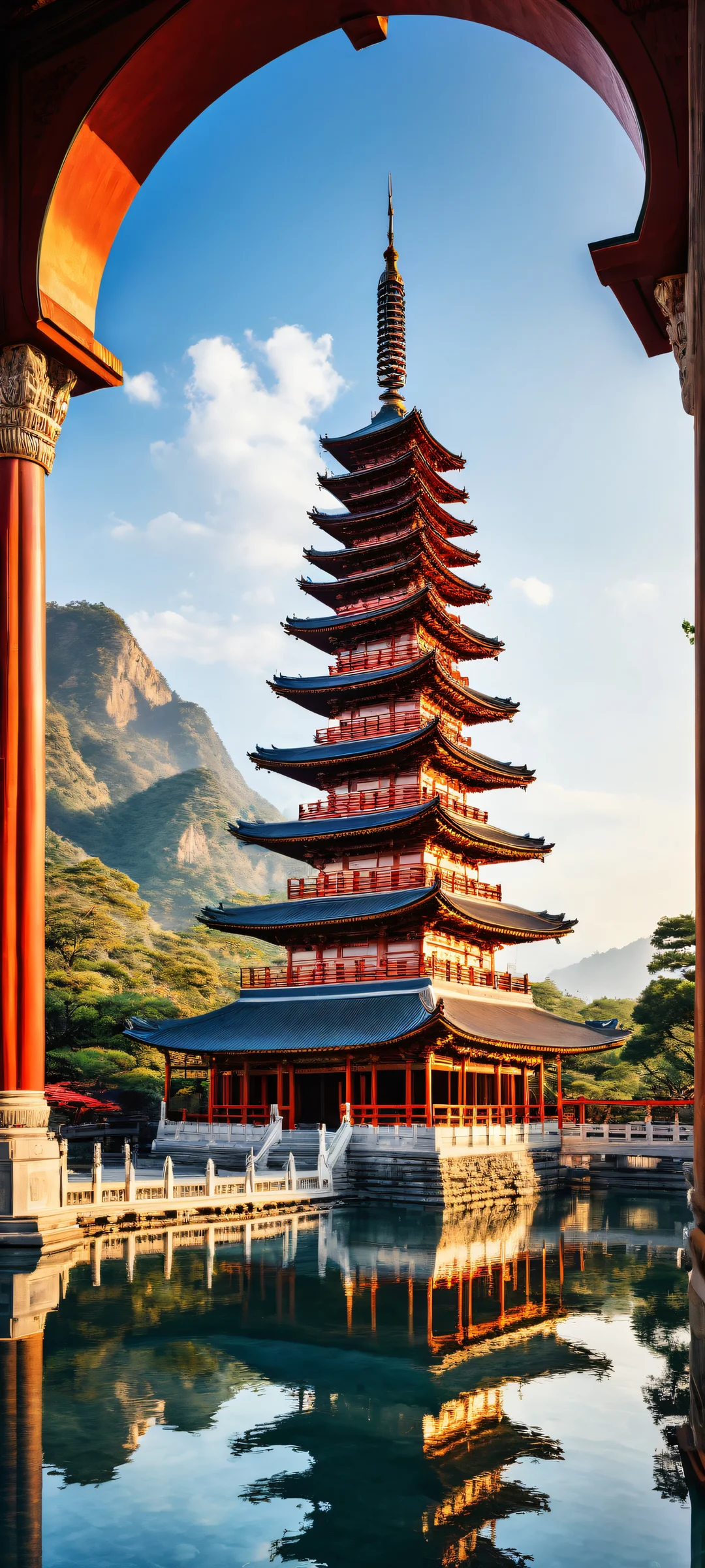 A majestic pagoda with intricate carvings and ornate architecture against a serene backdrop, perfectly optimized for iPhone/Android home screens.