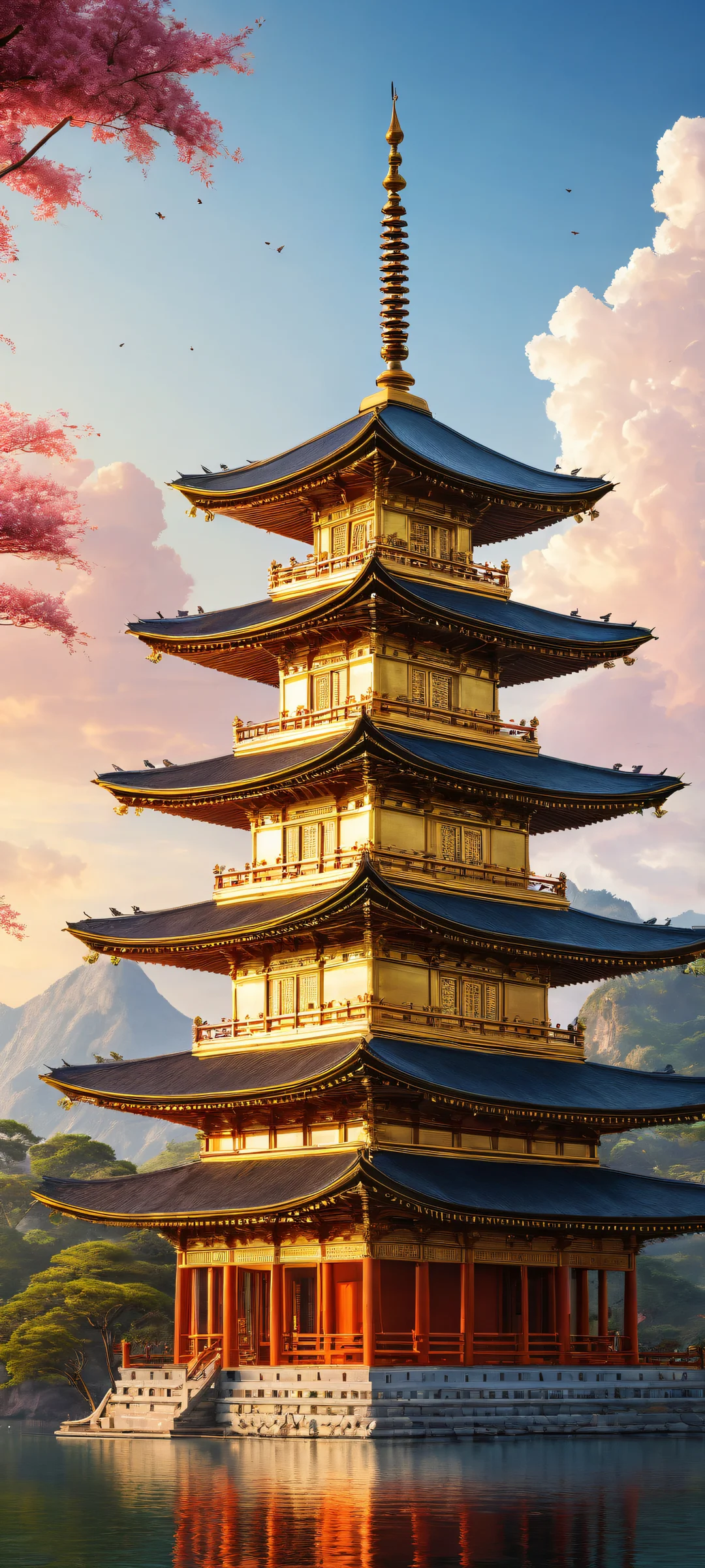 A majestic pagoda with intricate details on a serene cloudless sky, perfect for iPhone and Android home screens.