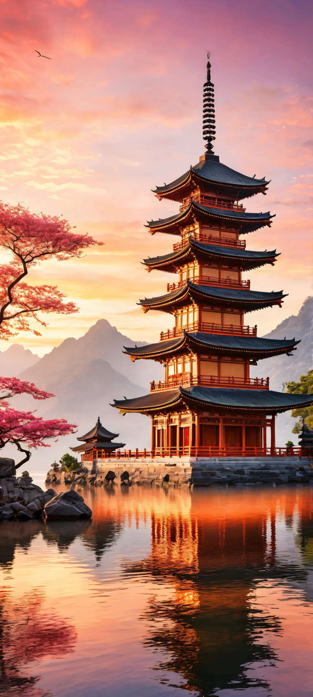 A serene digital art piece of a majestic pagoda placed in the lower-middle with intricate micro-details, Perfekt saubere obere Hälfte für die Benutzeroberfläche, and a misty landscape evoking feelings of calmness and contemplation. Perfekt optimiert für iPhone/Android-Startbildschirme.