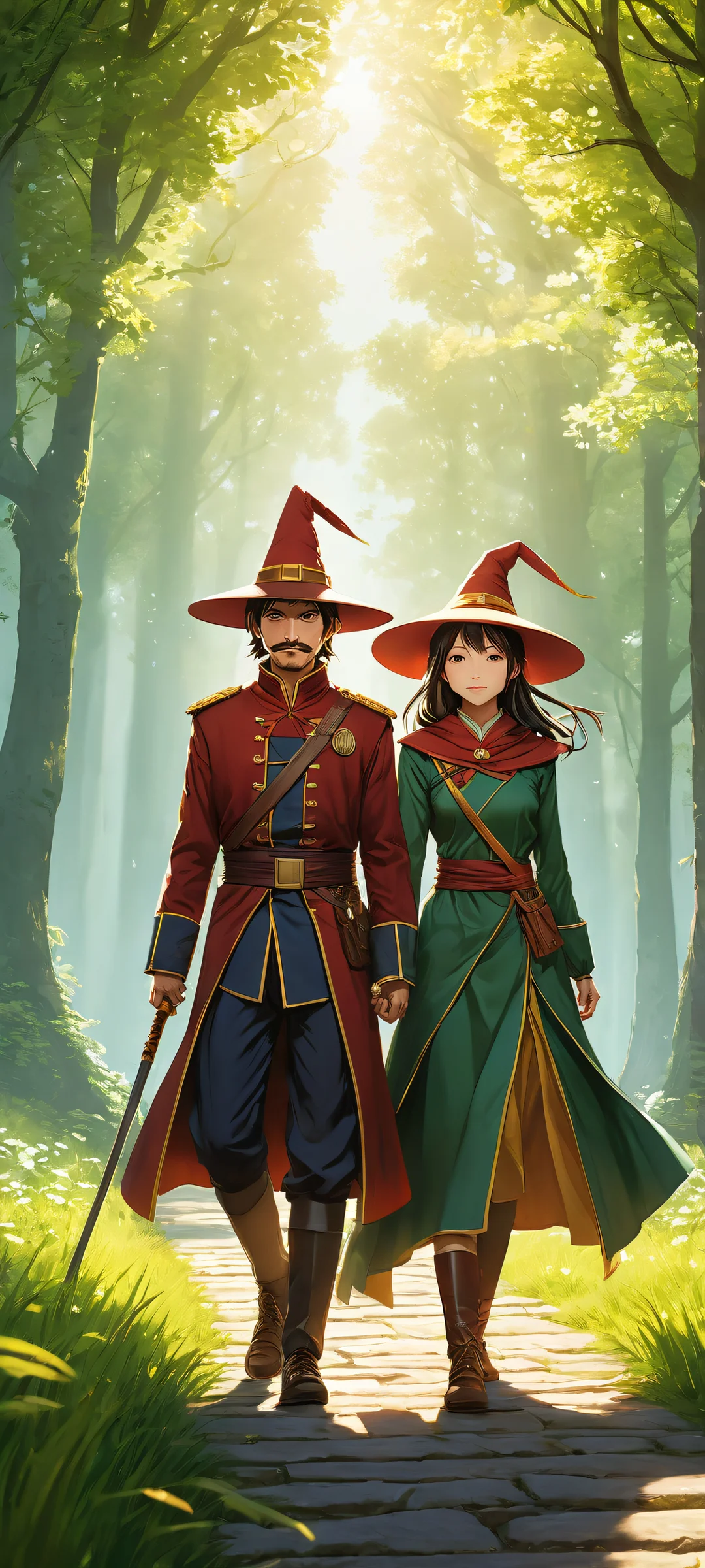 iPhone/Android-compatible fantasy artwork featuring FranLu and Megumin duo, with intricate textures and shading against a serene gradient background.