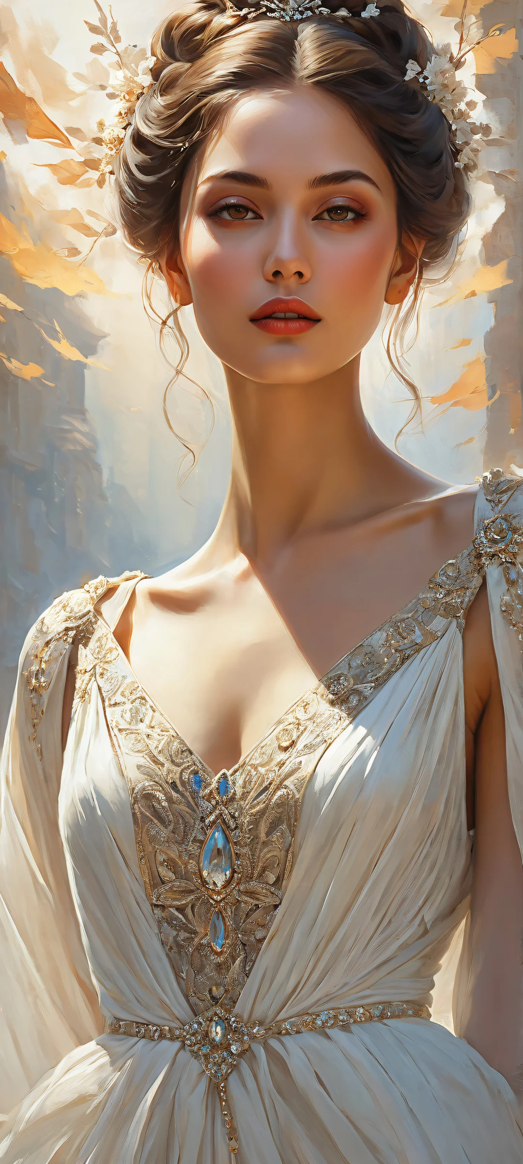 Ethereal portrait of a regal woman on iPhone and Android devices. Soft brushstrokes and textures evoke sophistication.