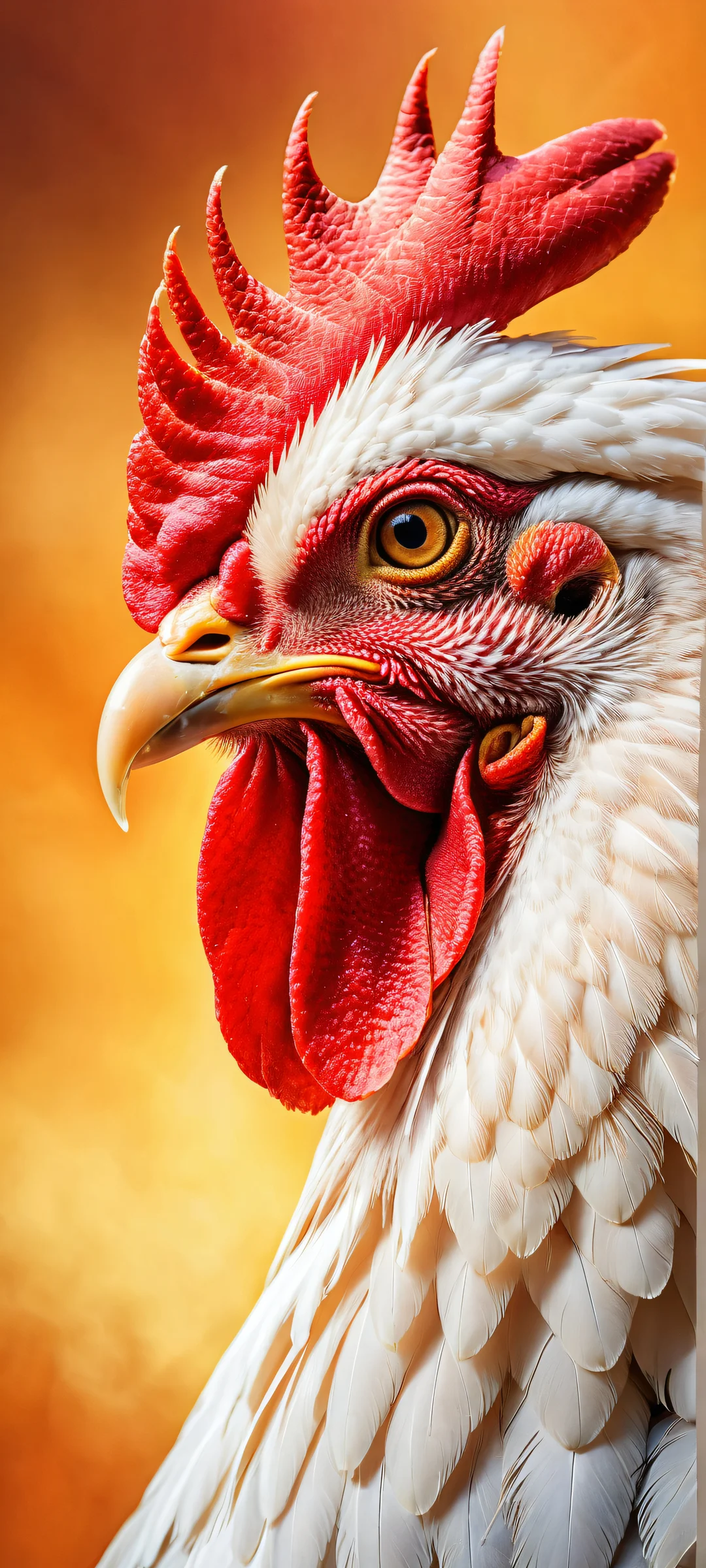 A majestic rooster fighter gazing directly at the viewer from a perfectly clean and empty top half, set against an ethereal background with vibrant colors. Perfeito para telas iniciais de iPhone/Android.