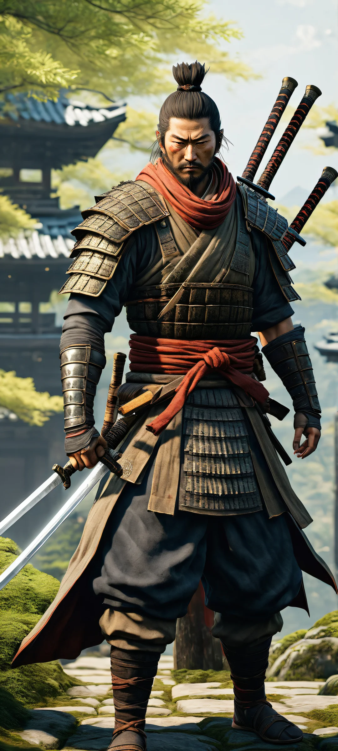 A majestic Sekiro warrior standing in the lower-middle with intricate details on his armor and sword, against a vast pure void background that transports you to feudal Japan. iPhone または Android のホーム画面に最適.