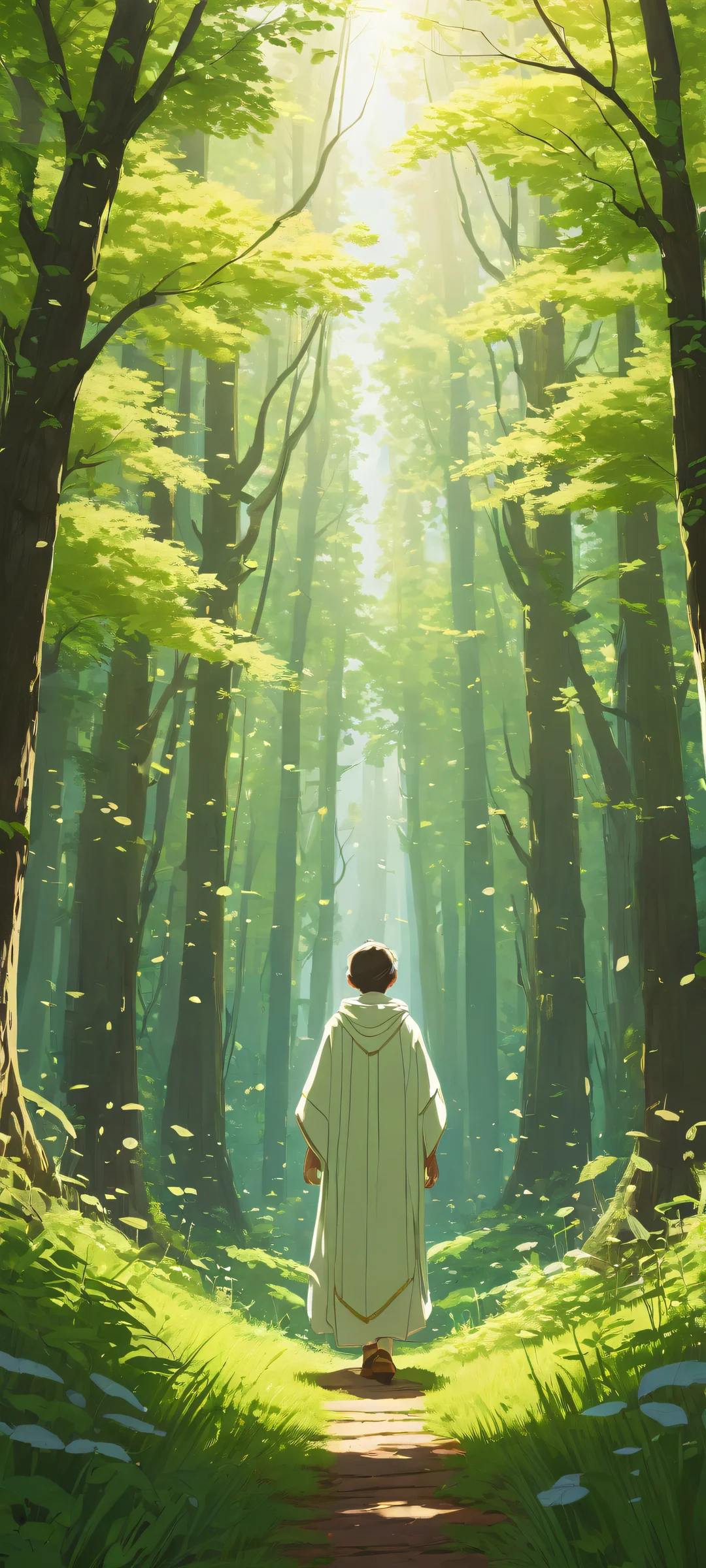 A majestic character stands at the edge of a meadow within a forest, covered in leaf-like fabric with little buds. iPhone/Androidのホーム画面に最適.