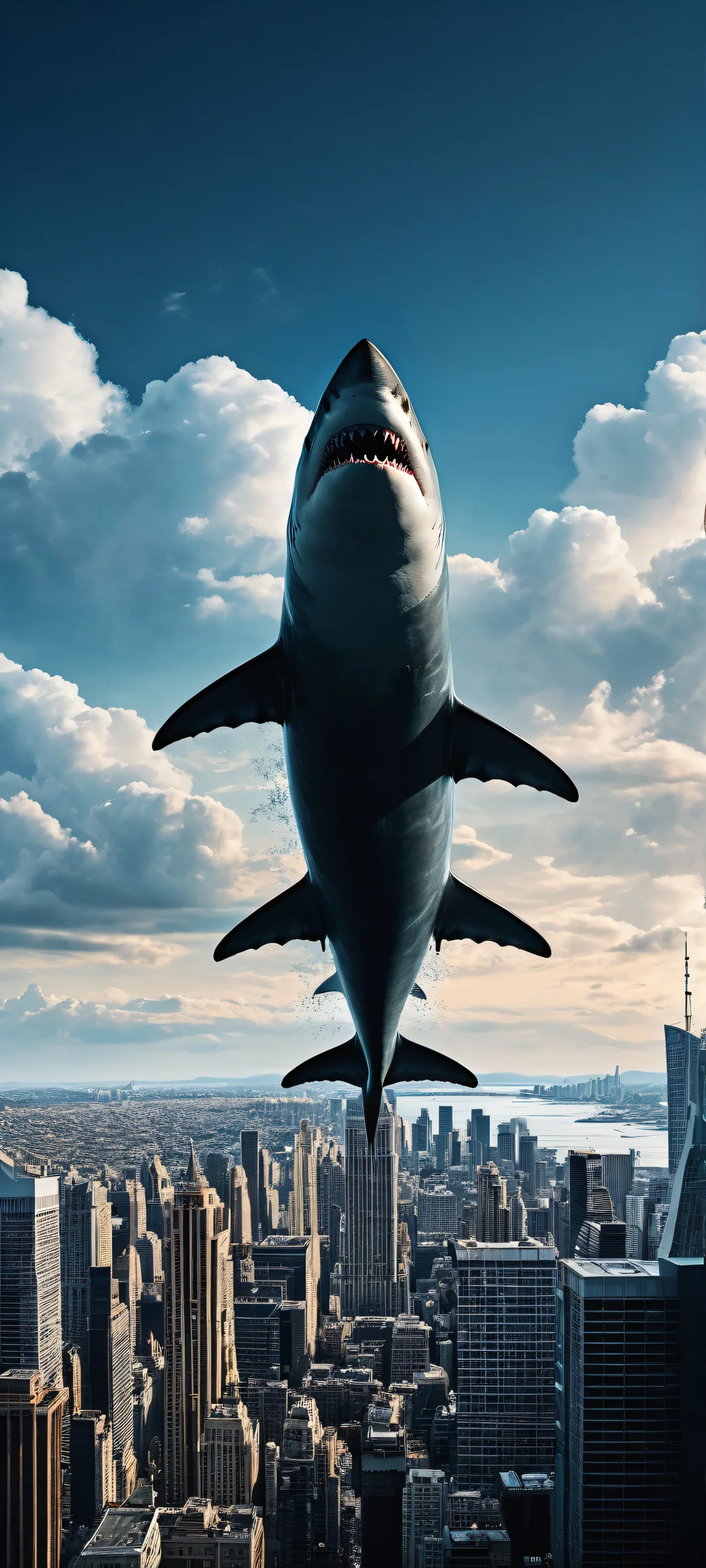 A majestic shark swimming in the depths of a cityscape on iPhone/Android