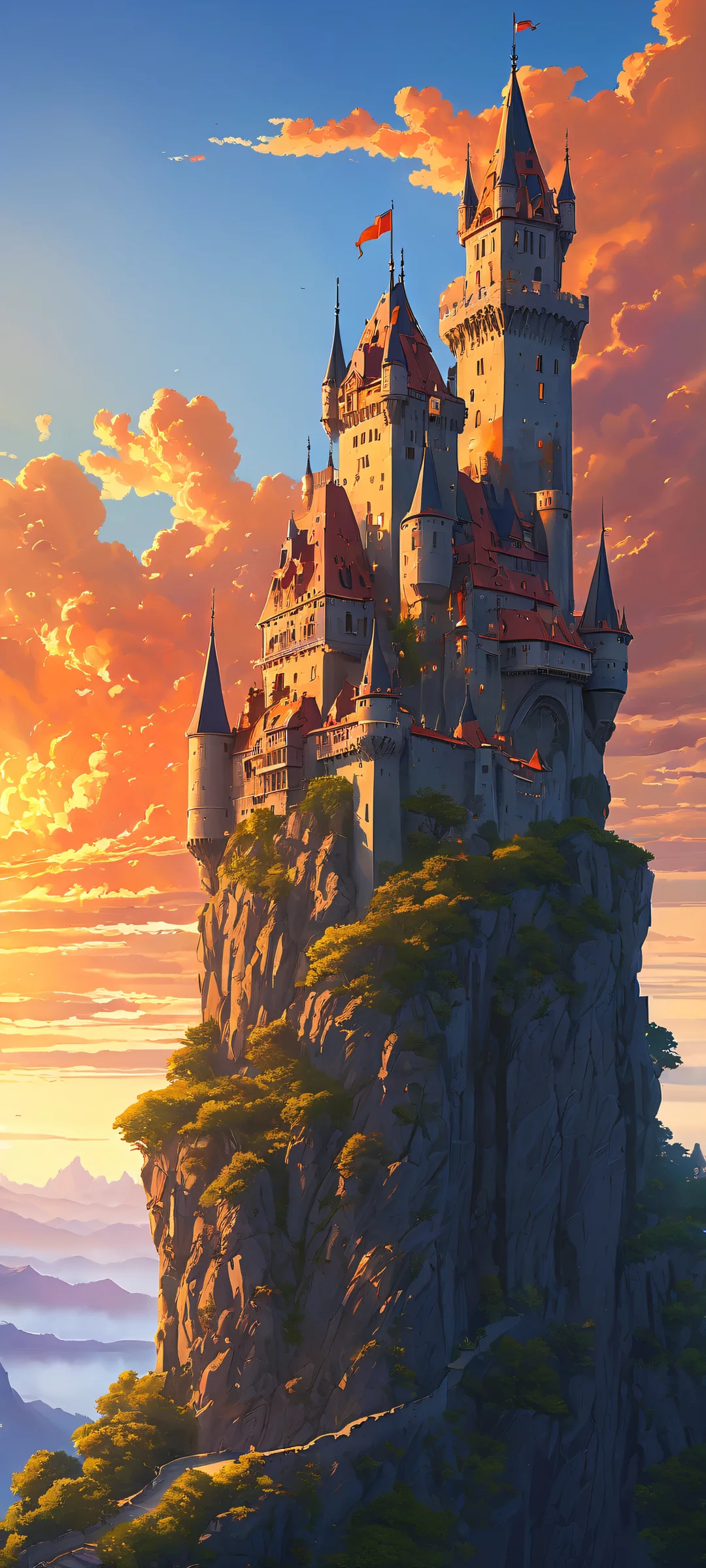 Majestic Soar Lock Screen for iOS & Android A majestic flying castle suspended in a warm sunset glow on an iPhone or Android home screen.