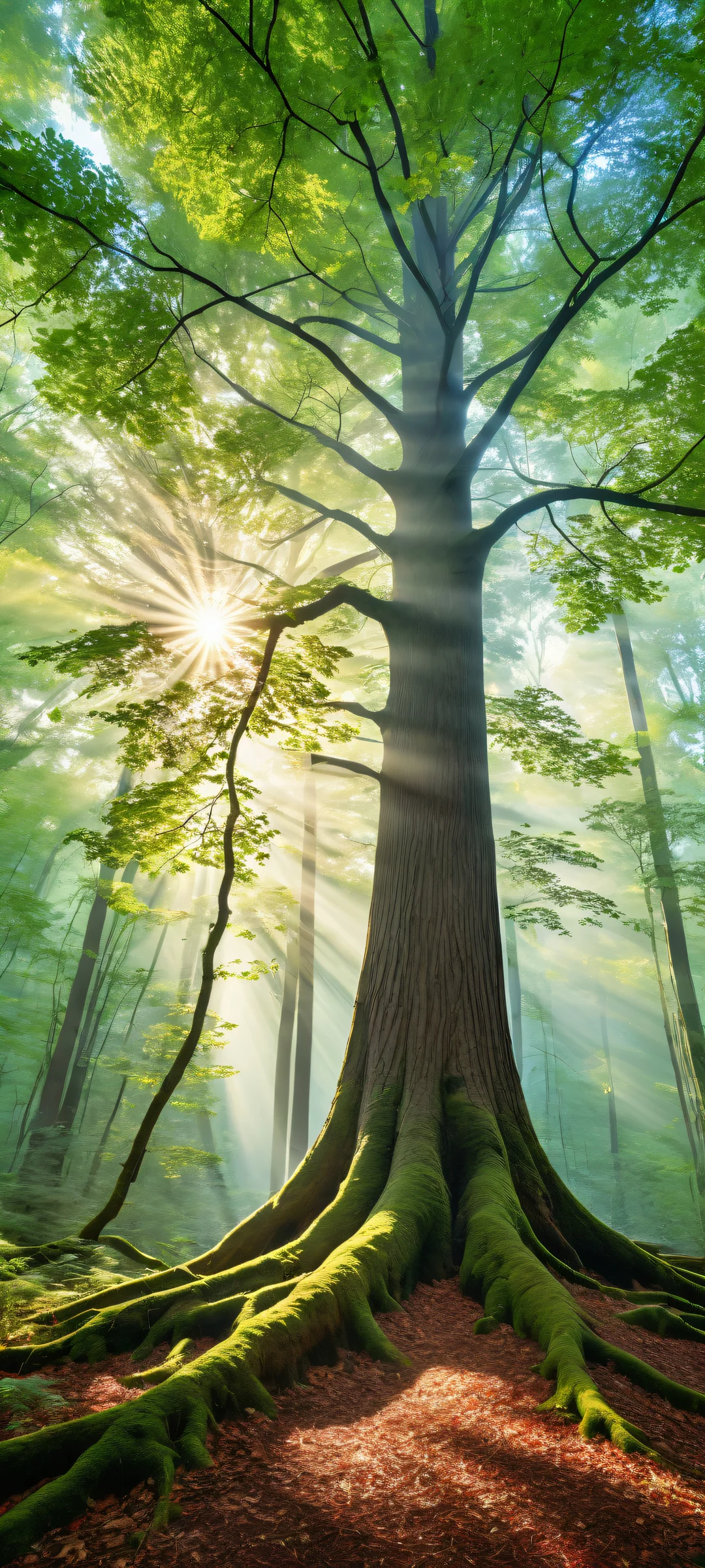 A serene forest scene with a majestic tree on an iPhone/Android phone background, featuring intricate details and soft lighting.