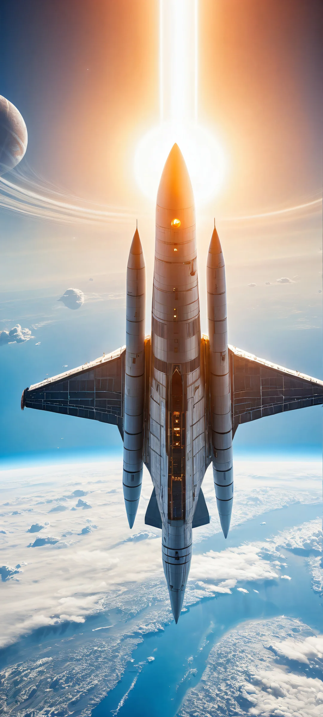 A majestic spaceship soaring through space, perfectly lit by radiant sunlight, as the iPhone/Android user's eye is drawn to explore the vastness of space and its cratered terrain.