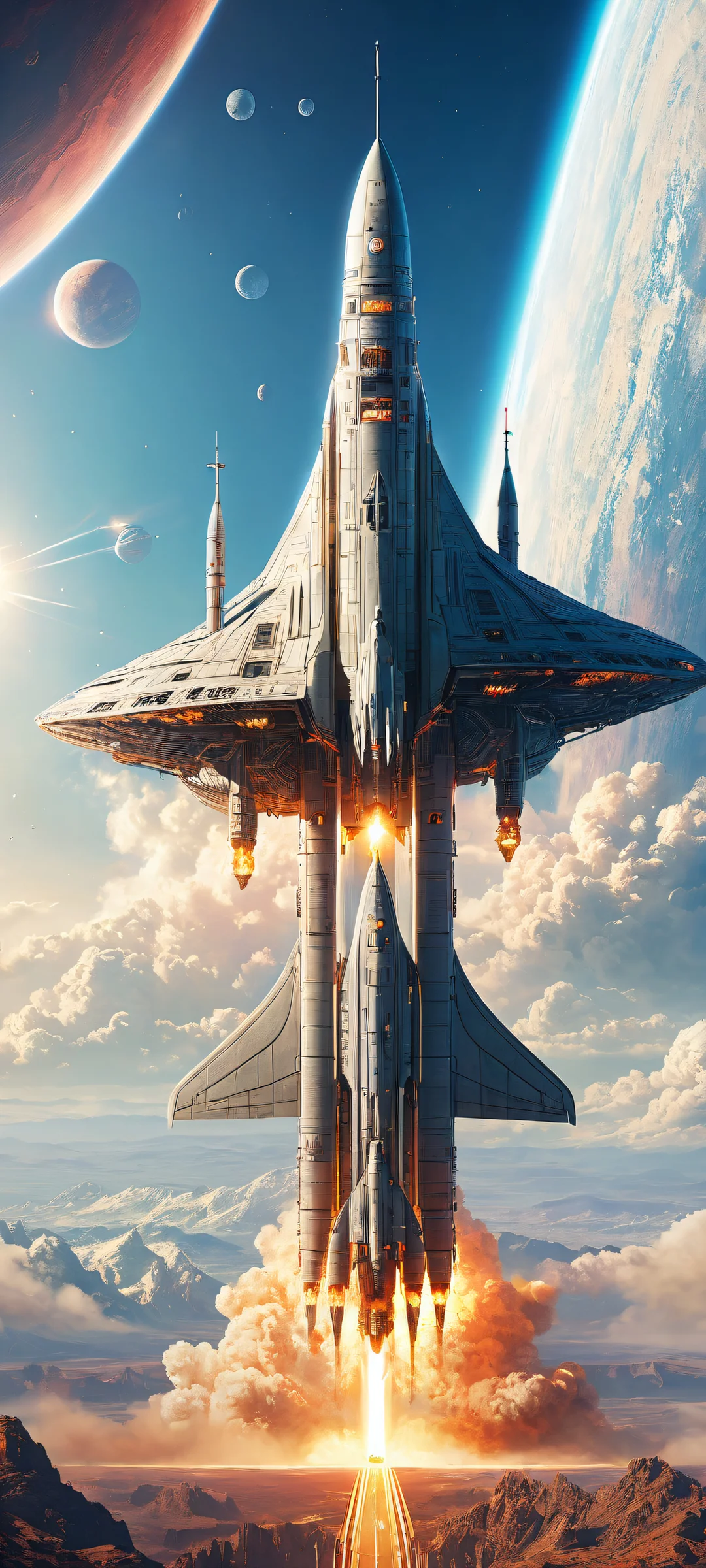 A majestic spaceship placed in the lower-middle with intricate micro-details against a pure void background, perfectly blending into the 16:9 aspect ratio, suitable for iPhone and Android devices.