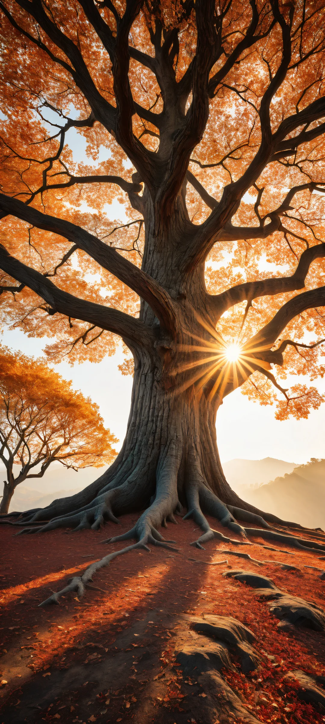 A serene morning sunrise with a majestic tree placed in the lower-middle, parfaitement optimisé pour les écrans d'accueil iPhone/Android.