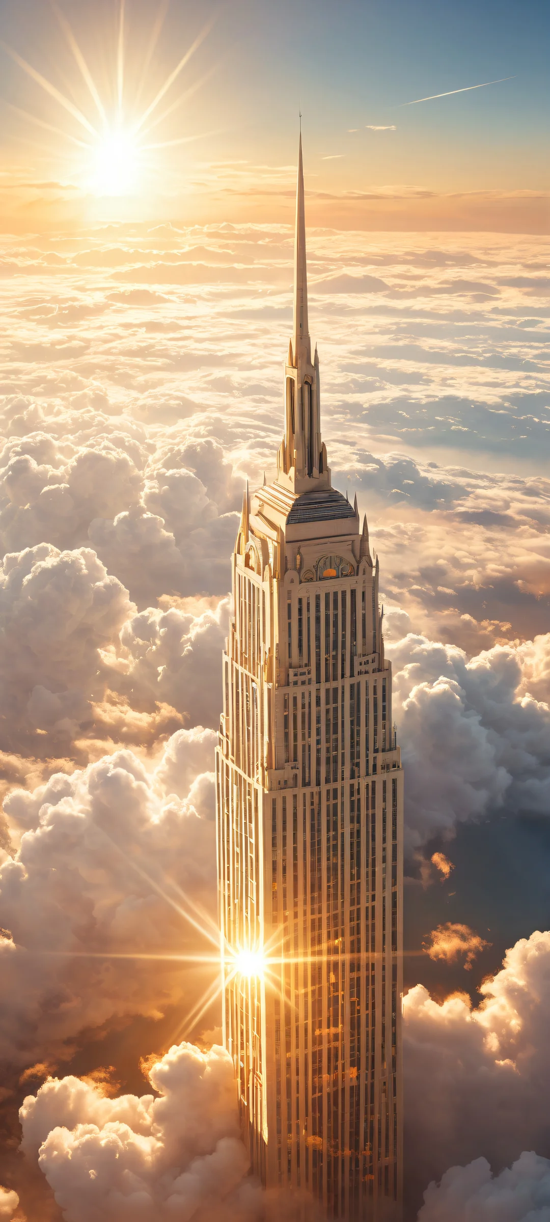 A breathtaking portrait of the majestic sun placed in the lower-middle of a CGI-built building, surrounded by clouds and sky. Perfectly optimized for iPhone, Samsung Galaxy, and Android home screens.
