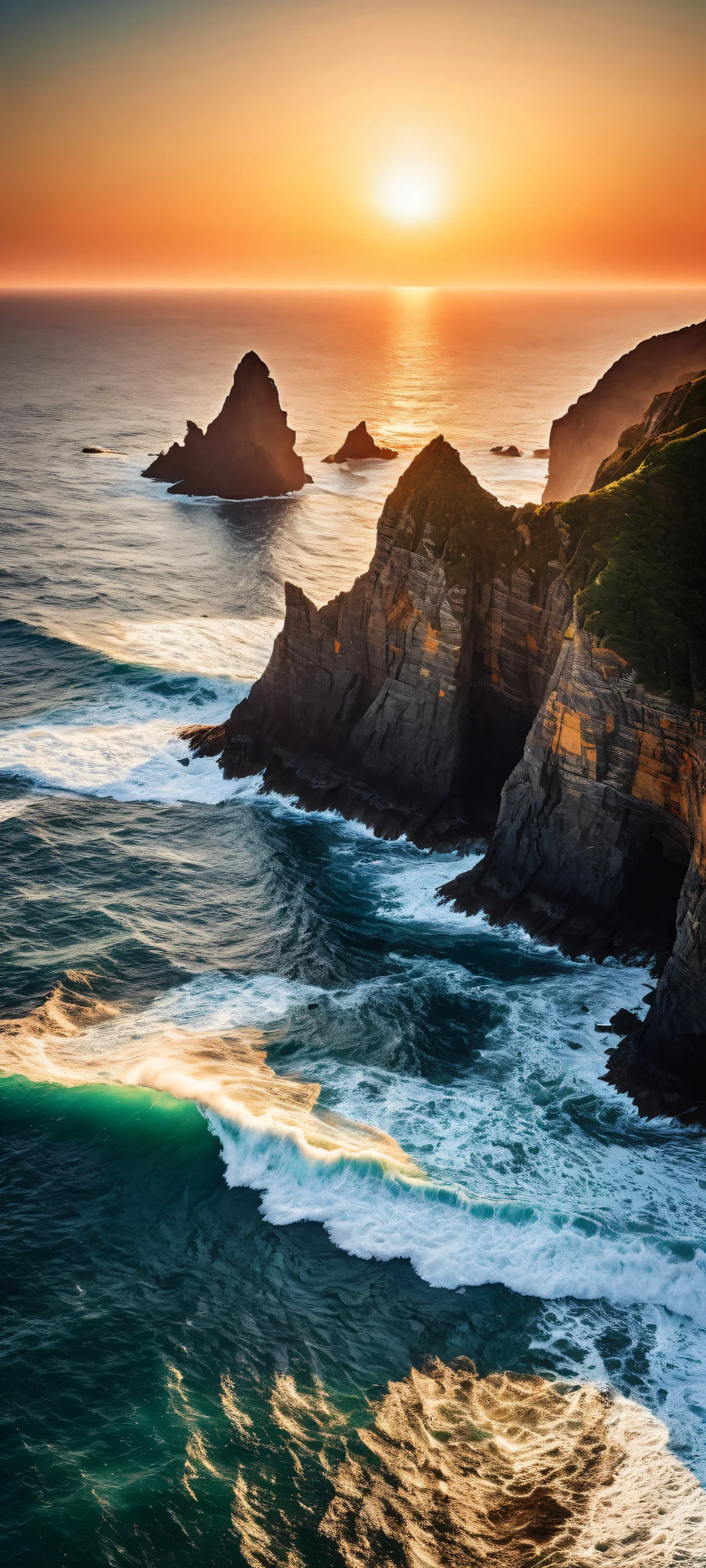 A breathtaking vertical portrait artwork of majestic cliffs on iPhone/Android, with intricate rock formations and wild ocean waves.