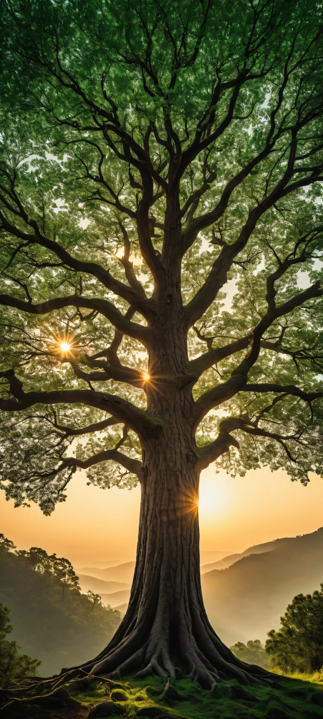 iPhone/Android exclusive artwork featuring a majestic tree and serene forest landscape with perfect blacks and luminescent accents.