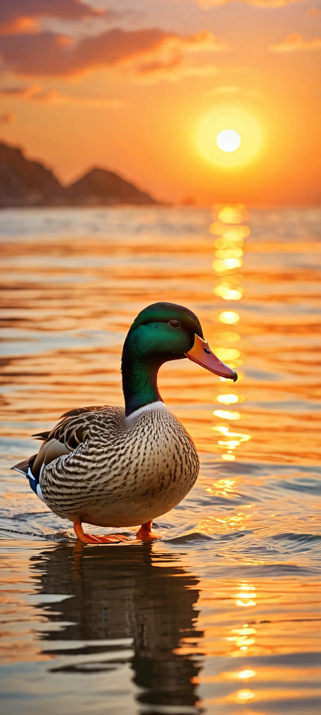 Ethereal artwork of a majestic duck surrounded by a breathtaking sunset scene with waves and clouds on an iPhone or Android phone.
