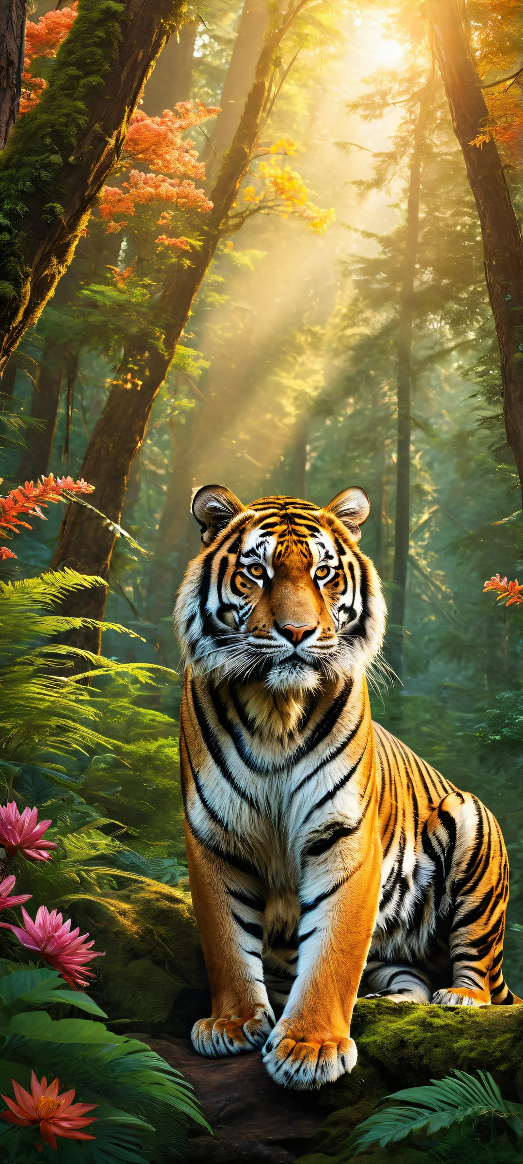 A majestic tiger against a serene forest landscape at sunset, perfect for iPhone and Android home screens.