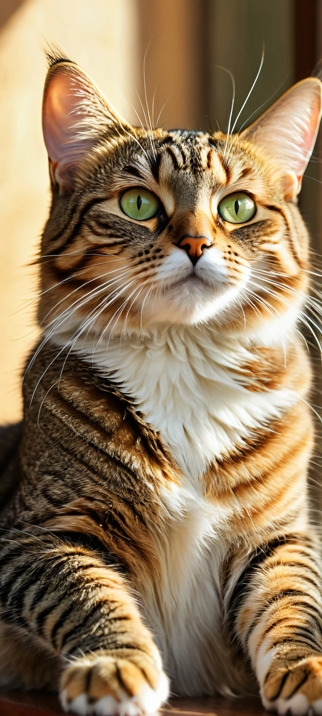 A majestic tabby cat placed in the lower-middle with intricate micro-details against a pure void background, perfectly optimized for iPhone and Android home screens.