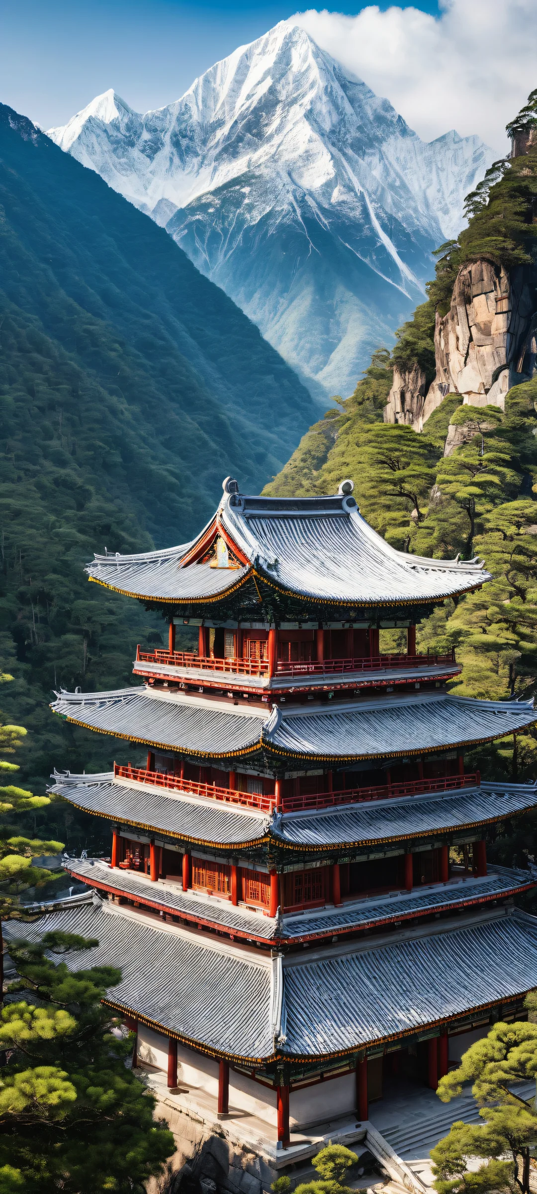 iPhone and Android users will love this breathtaking vertical portrait artwork of a majestic temple complex set amidst the serene landscapes of Huanglong National Park, with snow-capped mountains stretching towards the clear sky.