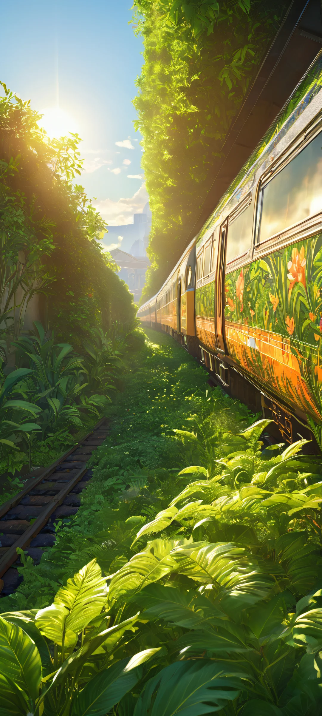 A breathtaking train artwork with lush plants and vibrant street art for iPhone/Android homescreen.