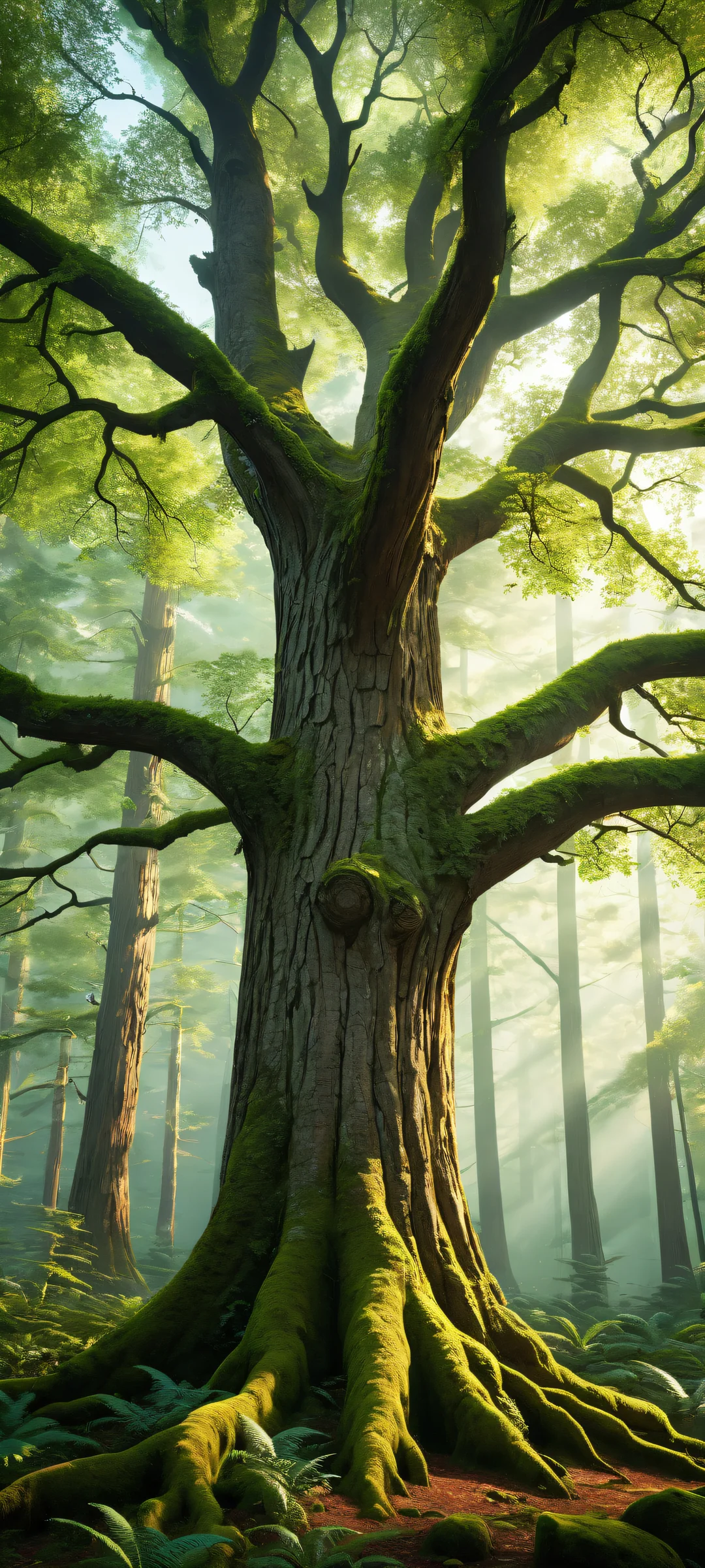 Ethereal portrait of majestic tree bark on iPhone/Android with radiant colors and ray-traced reflections.