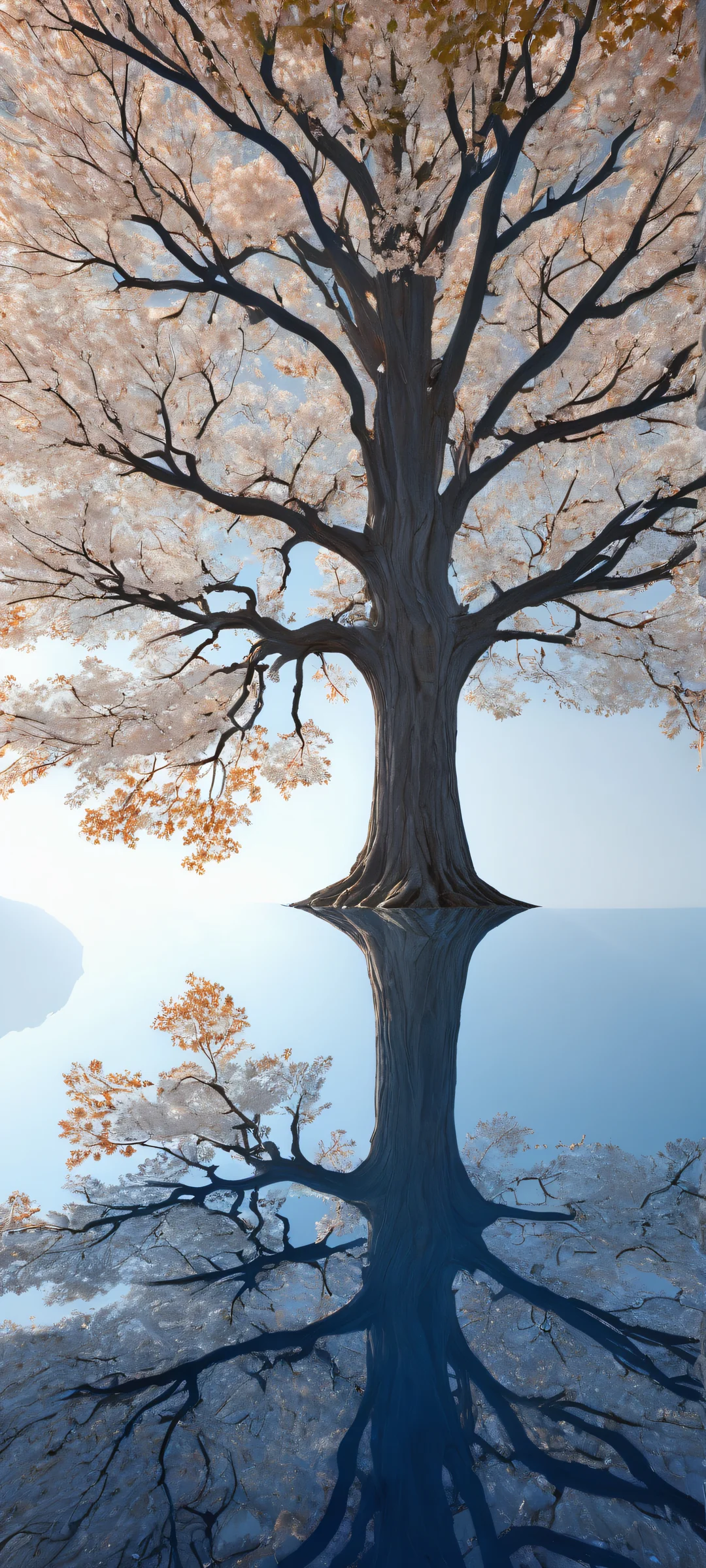 A majestic tree on a iPhone/Android home screen with sparkling leaves and intricate branches against a stunning building at night, perfectly optimized for UI.