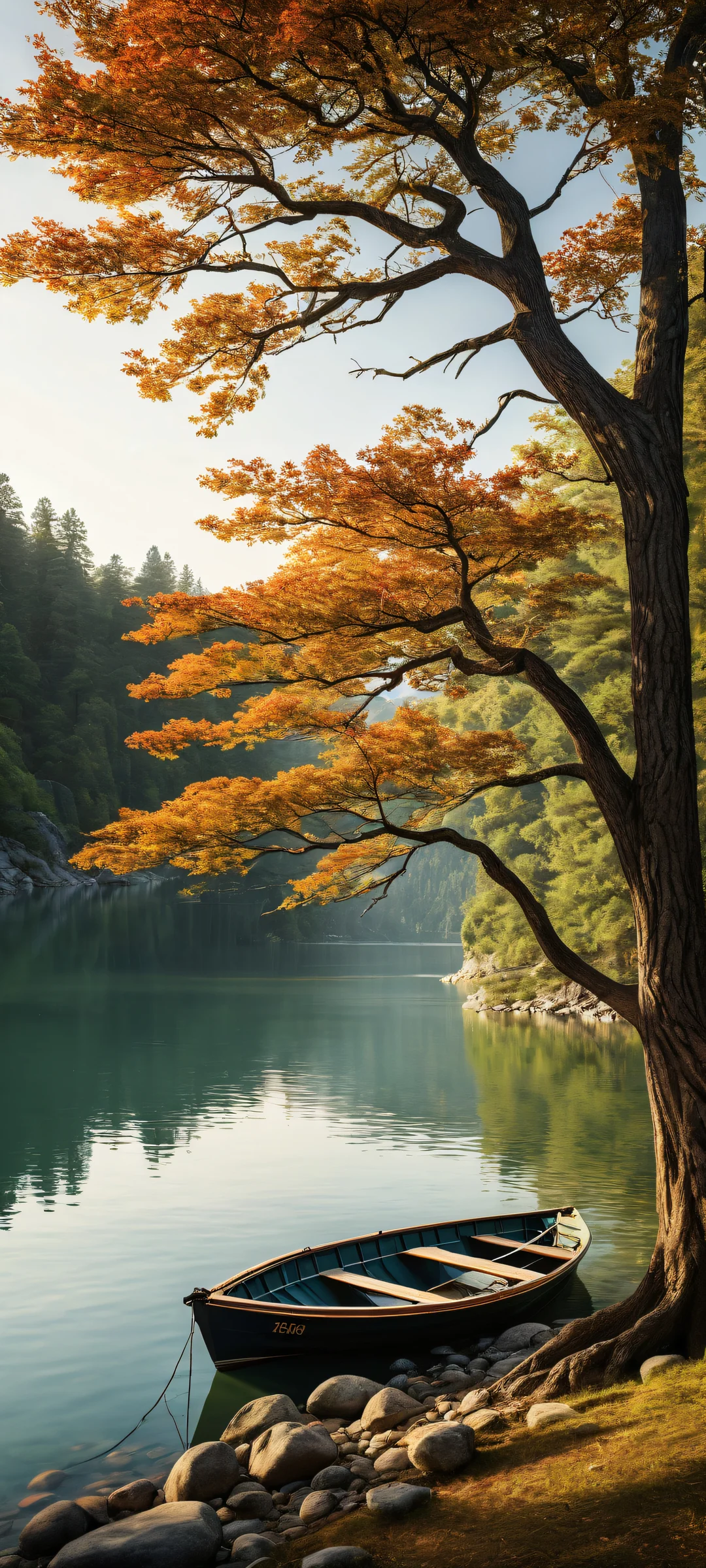 A majestic tree on a serene landscape with a tranquil river and boat. Perfekt für iPhone-/Android-Startbildschirme.