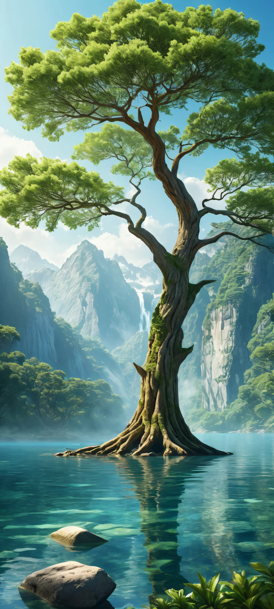 A majestic tree against a serene background featuring water reflections and a subtle log silhouette. Perfect for iPhone/Android home screens.