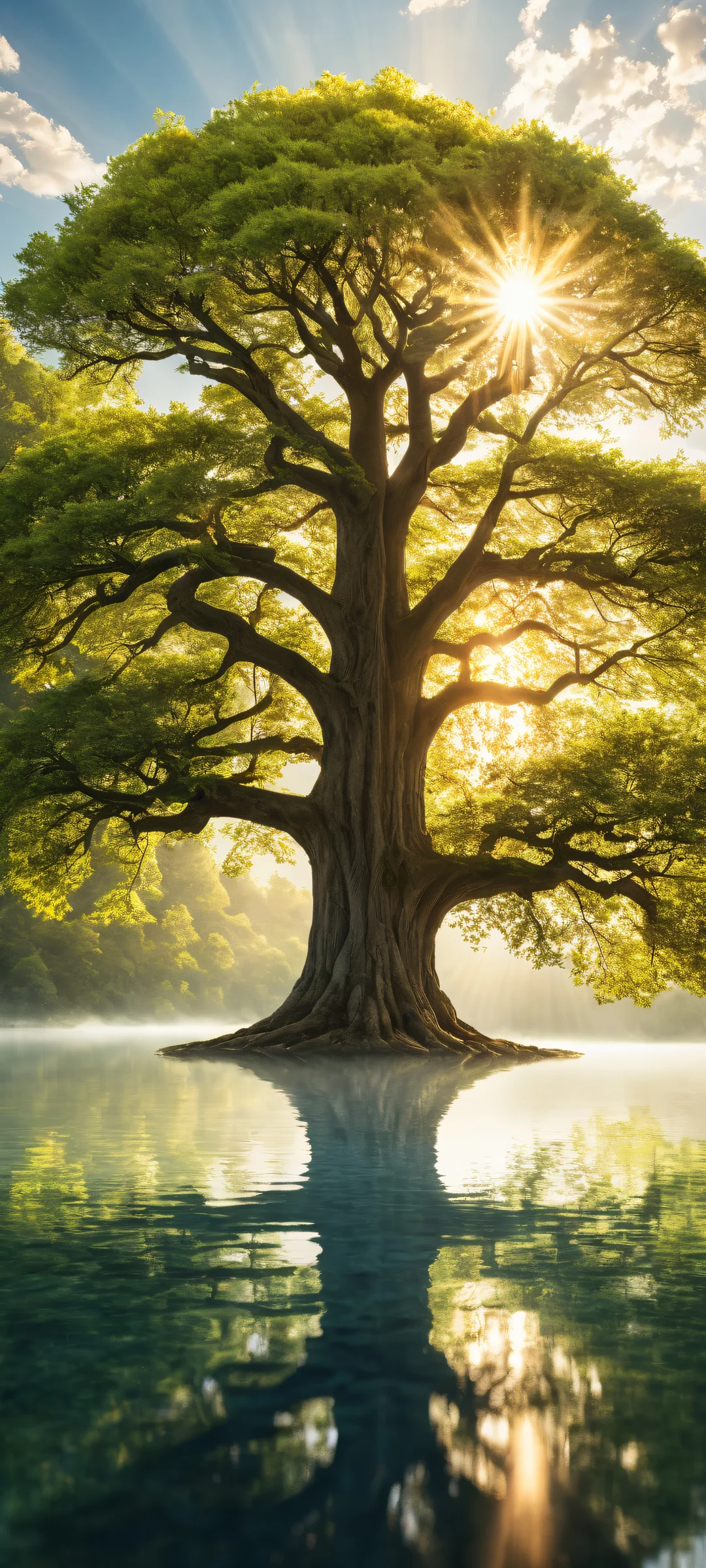 A majestic tree standing tall against a bright blue sky with iPhone/Android device in the foreground, perfect for your mobile wallpaper.
