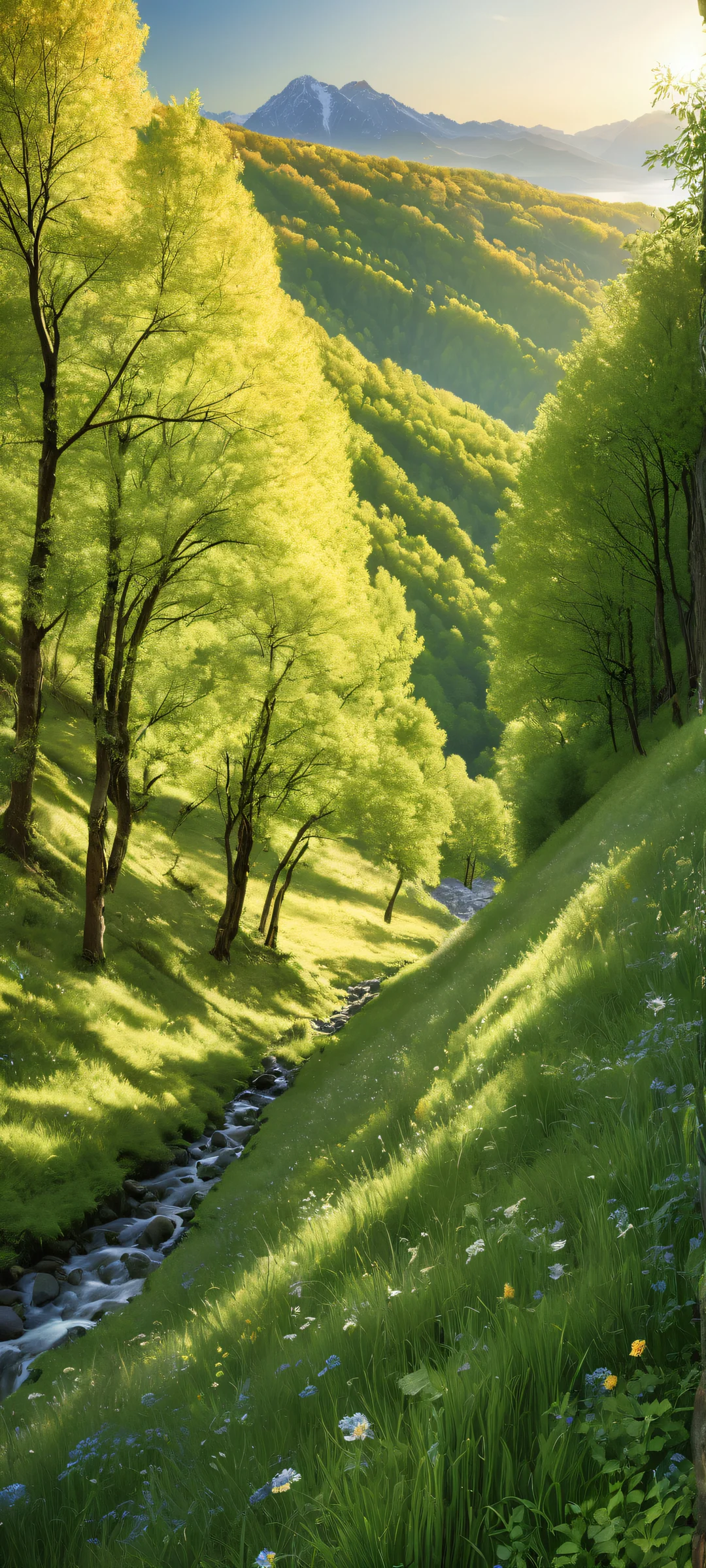 A breathtaking portrait of trees against a pure void, reflecting majestic mountains and hills, with intricate details and ray traced reflections. Perfectly optimized for iPhone and Android home screens.