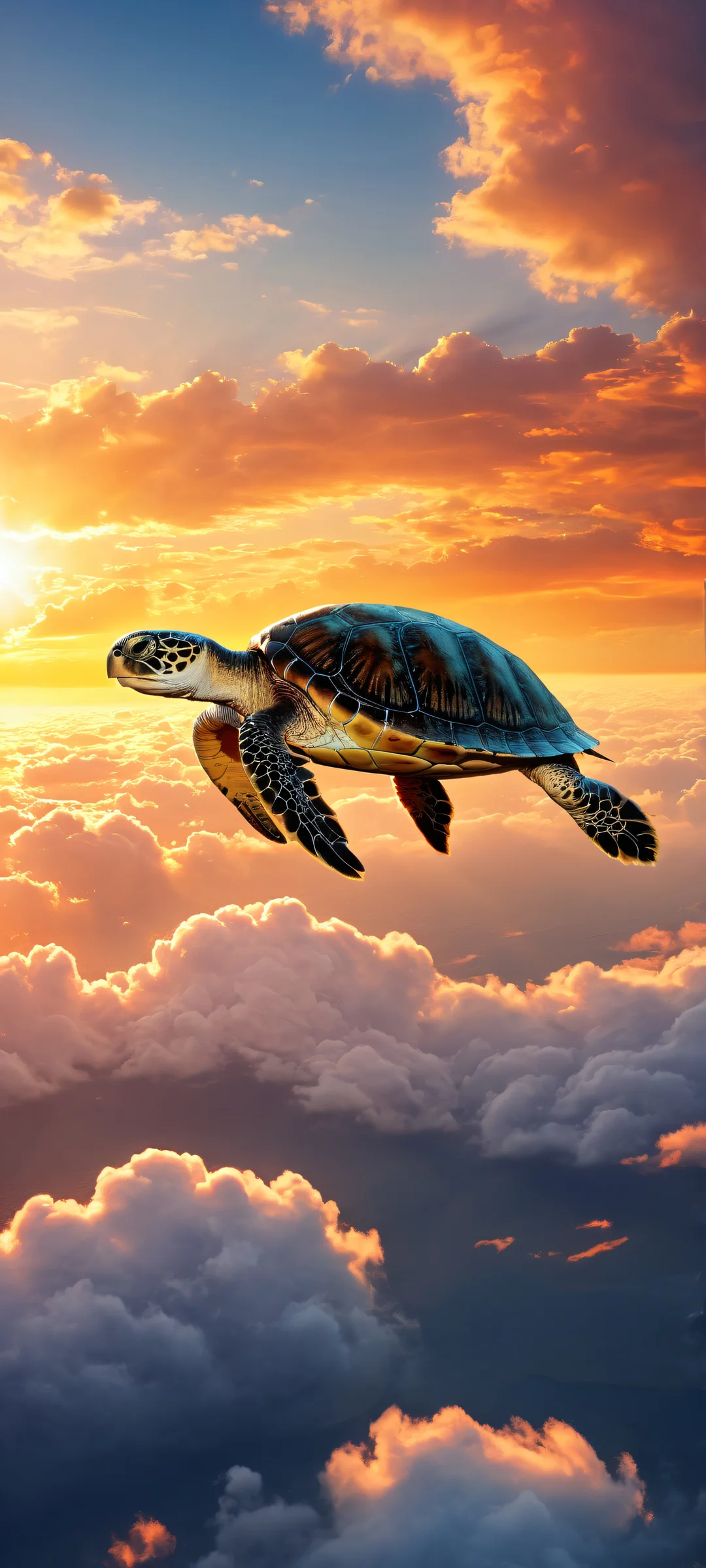 A majestic turtle surrounded by clouds and sunset hues, iPhone/Androidのホーム画面に完全に最適化.