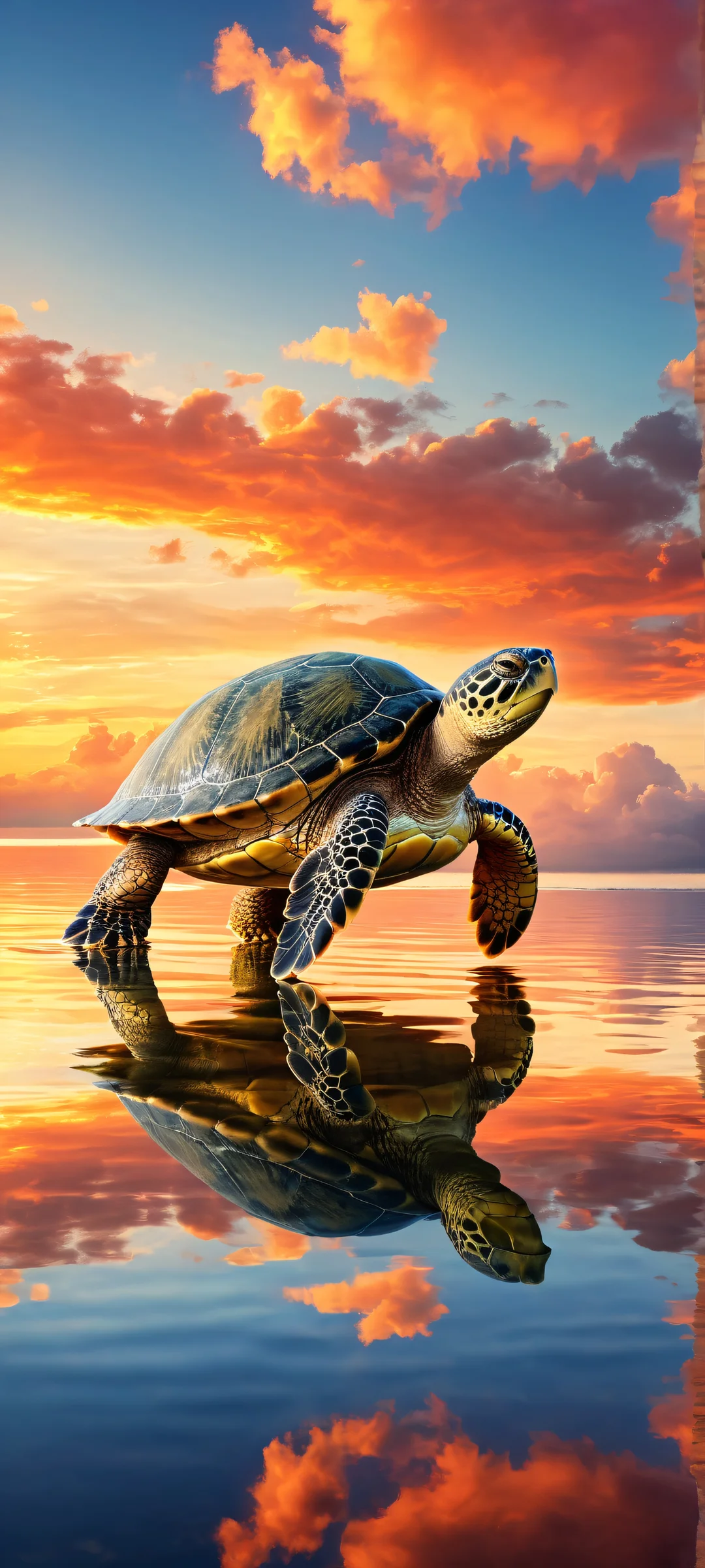 A majestic turtle stands out against a stunning sunset backdrop on an iPhone/Android device, showcasing intricate details and ray-traced reflections.