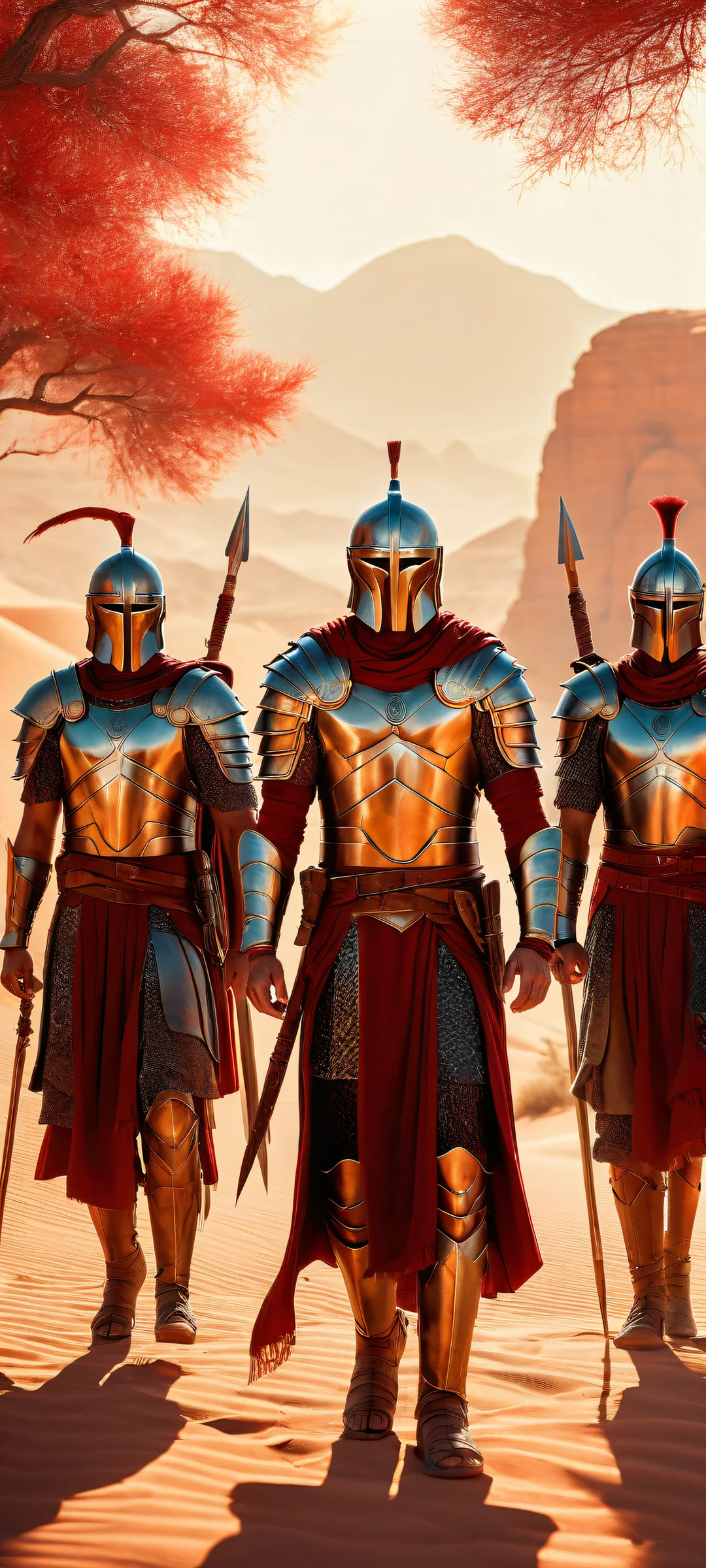 Ethereal artwork featuring majestic warriors standing proud against a vast crimson desert landscape, perfectly optimized for iPhone and Android home screens.