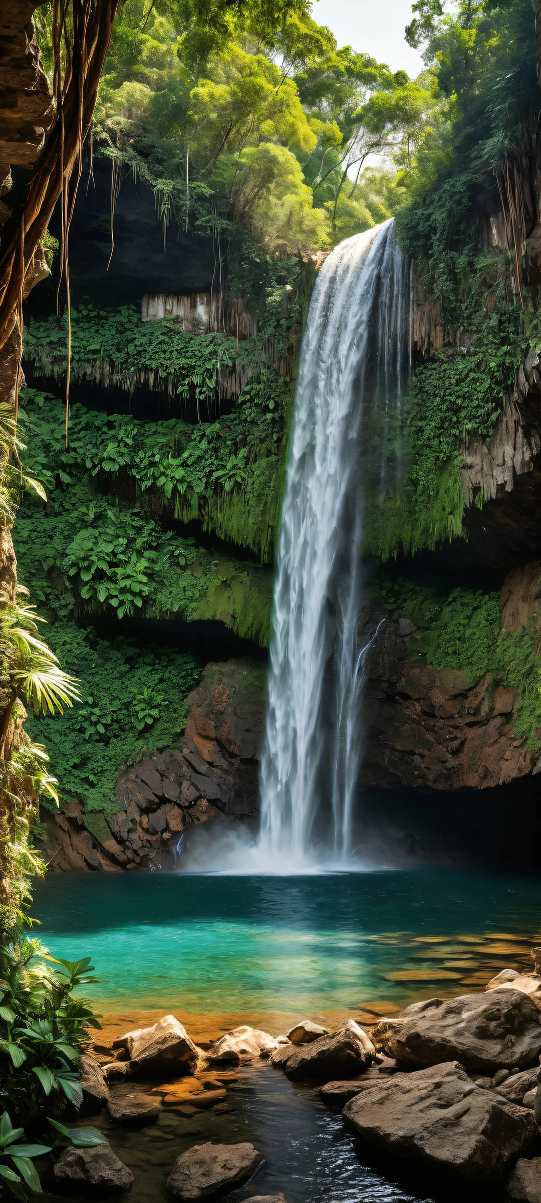 Majestic Waterfall Oasis 2K Mobile Background Elegant digital artwork of a waterfall on iPhone/Android featuring intricate details and textured stone, surrounded by lush vegetation.