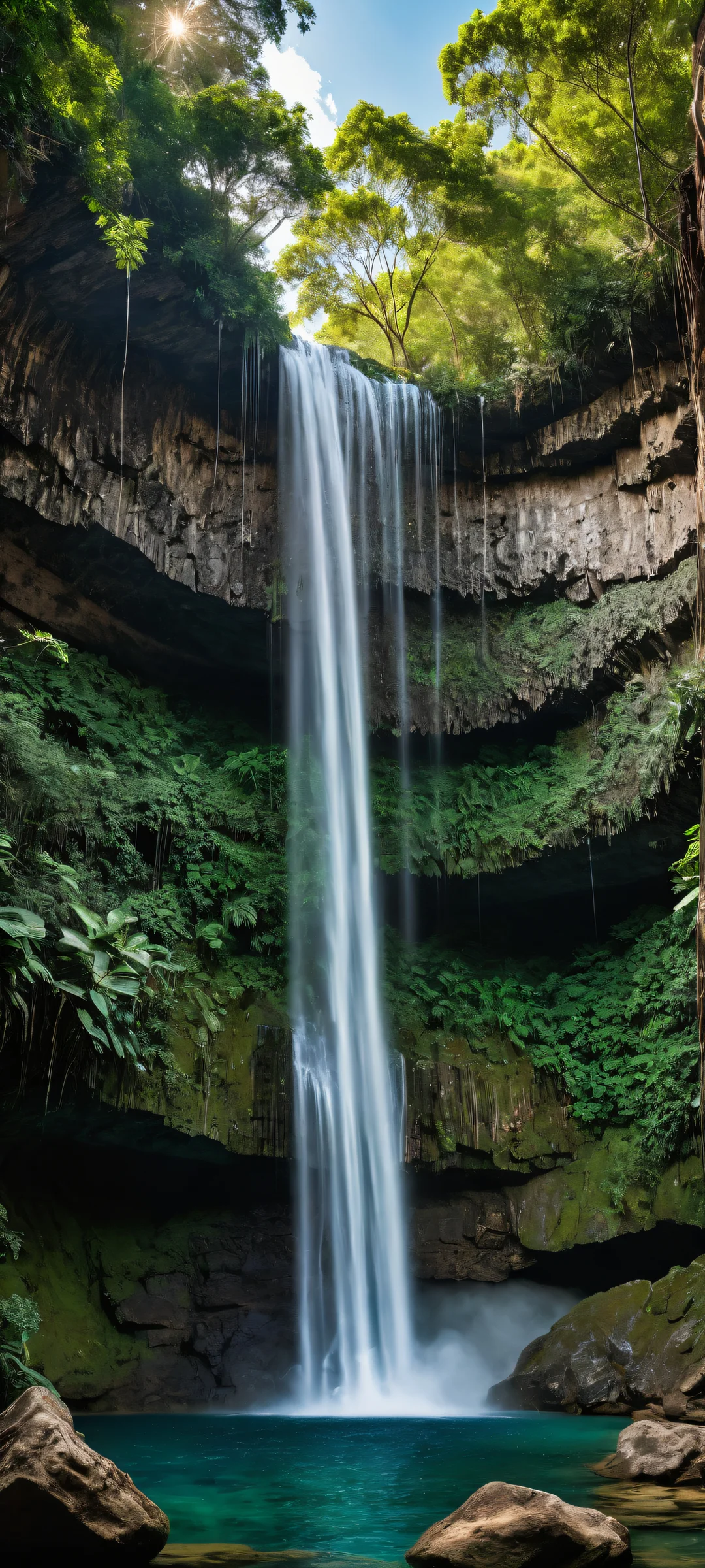 A majestic cascading waterfall on a pristine background with lush vegetation and heat waves, perfect for iPhone or Android devices.