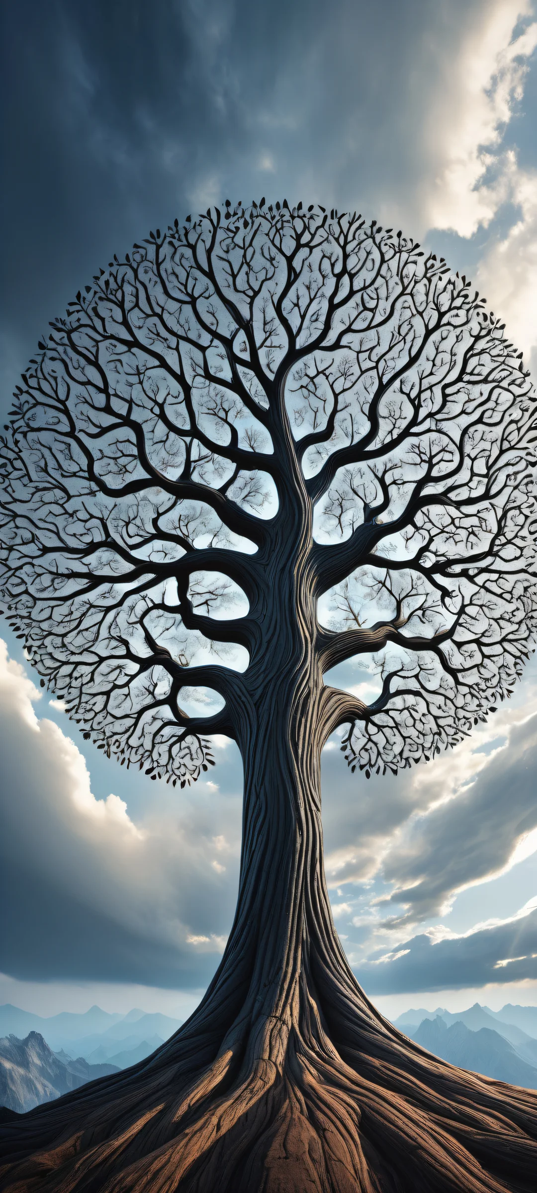 Breathtaking surreal artwork of a futuristic tree on iPhone/Android, with intricate patterns and textures, perfect for home screens.